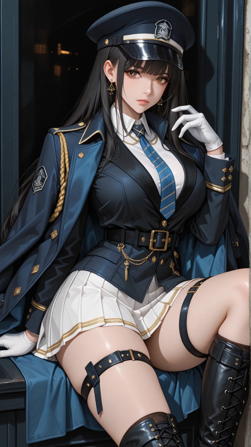 1girl,solo,black eyes, black hair ,long hair, bangs, long hair. (((blindfold))), chain leash, (((animal collar, animal collar connected chain leash, spiked collar, long and holding chain leash))), (((full on all fours, hands on the ground, crawling))), full face blush, sexual ecstasy smile, happy, rape face, fucked silly, vulgarity, ahoge, two legs, both legs, perfect legs, gleaming skin, oil skin, shiny skin, bangs, (((tongue out, long tongue, :q, open mouth, stick out tongue))), full body, sweat skin, seductive smile, open legs, dare body, in heat, perfect proportion, dare legs, extremely long shot, full body, head to toe, wide shot, perfect foots, medium breasts, hair band, , masterpiece, best quality, smile, earrings, (((blue jacket on shoulders, black school uniform))), white shirt, collared shirt, striped, blue necktie, white gloves, white skirt, blue headwear, blue peaked cap, yellow eyes, knee boots, cross-laced footwear, blue peaked cap, covered shirt, covered collarbone, closed shirt, white gloves, sleeves, clothed,