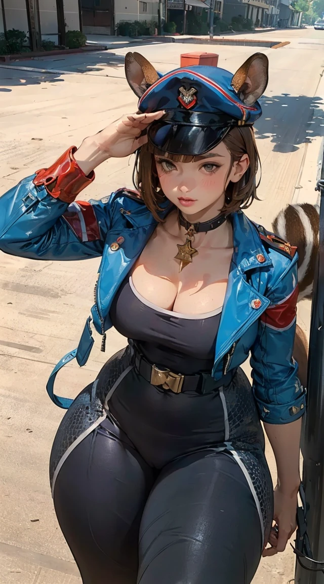 (masterpiece, best quality), 1girl, Amaranth Braided Top Knot with Scarf Wrap, Size C breasts, <lora:0304 Baltimore Fans Clothing_v1:0.8> ruanyi0304,baltimore \(azur lane\),police hat,thigh boots,microskirt,blue jacket,standing,thighhighs,single glove,skirt,highleg bikini,mismatched bikini,