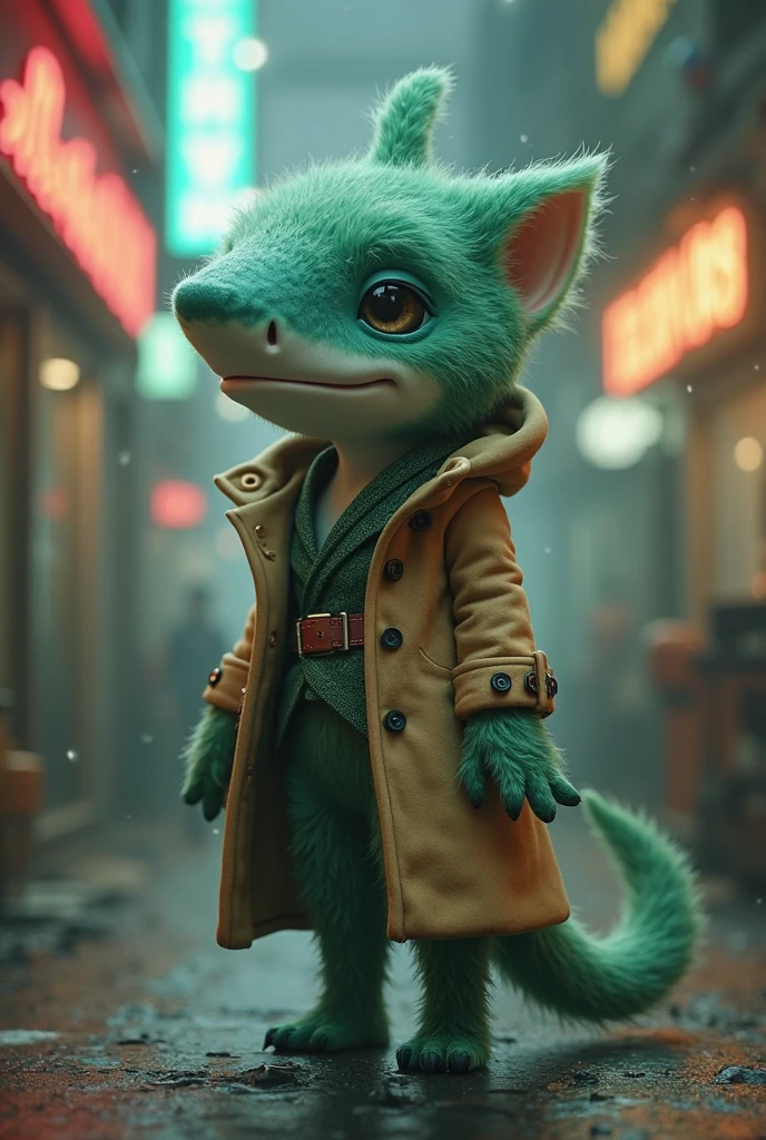Hyper realistic, Ultra detailed, Masterwork. cyberpunk , 3d render, <lora:timon_the_meerkat_v1.0_:0.75> Meerkat, Soft fur, Fluffy fur, Chibi, Chubby, Digitigrade, Timon Wearing black pants, cargo pants, chains, dogtags, undershirt, punk shirt, Trenchcoat, Visor, Arms crossed, Leaning against wall, Post-apocalyptic alley, neon, signs, machines, cyberpunk alley. <lora:TeddyBear:0.25> Detailed scene, detailed background.