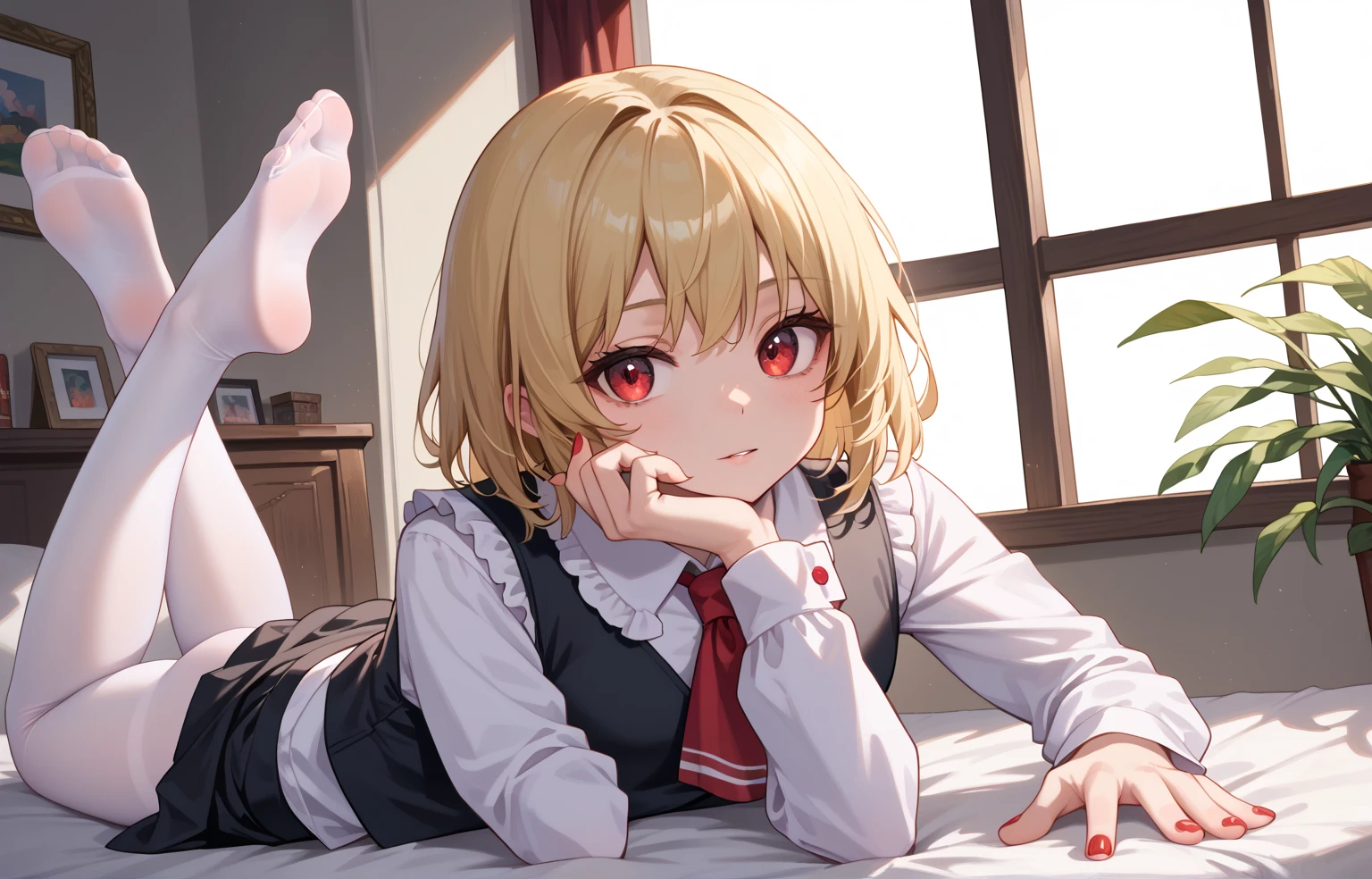 masterpiece, best quality,ultra detail, 1girl, chibi, rumia_touhou, ((shiny hair)),((shiny glossy hair)), floating air blonde_hair, ribbon, short_hair, hair_ribbon, vest, open_mouth, red_ribbon,facing viewer, (((spread legs onbed))),(((vaginal,sex))),(((cum in pussy))),(((from above))), (((lying on bed))),(((white bed sheet))),(((lie on the pillow))),(((perfect anatomy))),(masterpiece:1.0),(Highest_quality:1.0),detailed,highly detailed,ultra detailed,extremely detailed CG,super high resolution,4k,super detailed, photograph,high resolution,8K,HDR,Highly detailed CG Unity 8k wallpaper,super detailed skin,detailed beautiful eyes,detailed beautiful face,detailed beautiful face and eyes,very detailed background,perfect,lighting,colorful, bright_front_face_lighting,shiny skin,(highly detailed background),looking at the viewer,(Focus on her face), solo, upper body, looking at viewer, upper angle, (blond), perfect quality, good quality, masterpiece, HDR, UHD missionary position,masterpiece,best quality,detailed,highly detailed,ultra detailed,extremely detailed CG,high resolution,8K,super detailed skin, ((detailed beautiful eyes)),detailed beautiful face,detailed beautiful face and eyes,very detailed background,highly detailed background,(front view),((super big breasts)),looking at viewer,The girl's breasts aren't exposed at all., You can clearly see that she has very large breasts.,((kawaii)),((orgasm face)),