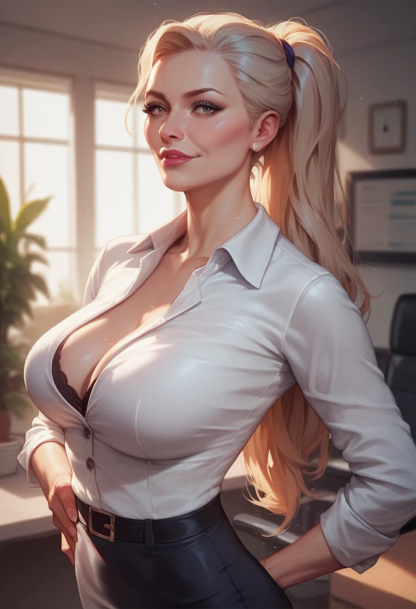 8k, raw photo, best quality, masterpiece, realistic, photo realistic, clear, professional lighting, beautiful face, best quality,ultra high res, realistic japanese beautiful, Super detailed, detailed fingers, solo, woman, upper teeth, swept bangs, floating hair, detailed hair, large breasts, curvy, scenery, office, taut shirt, button gap
