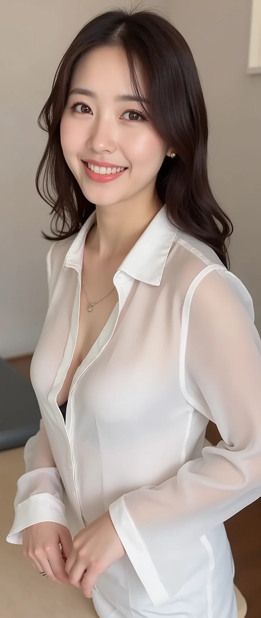 live-action image, RAW color photo, super detailed, high definition image, arafed japanese woman in a white shirt standing next to a desk, white blouse, dress shirt, white dress shirt, wearing in only shirt, fine white shirt, decollete shirt, Open chest wide, big breast, appear thighs, appear ankles, appear mons pubis, ((Put whole body in the frame)), sexy woman, hot girl, smile