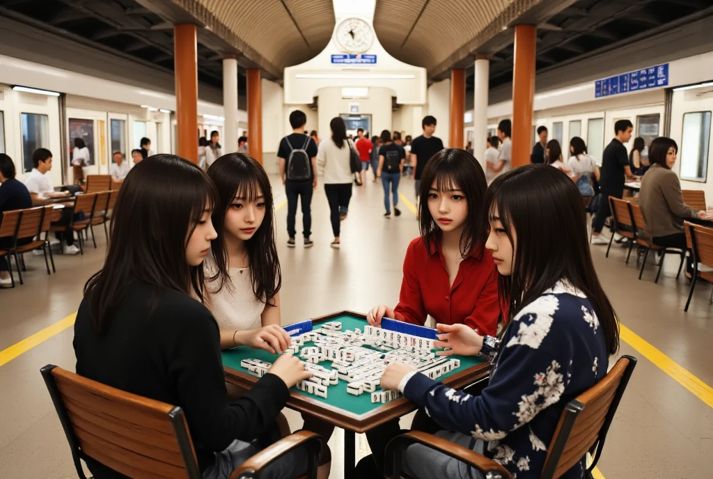 A group of girls sitting together playing mahjong for fun in the afternoon
