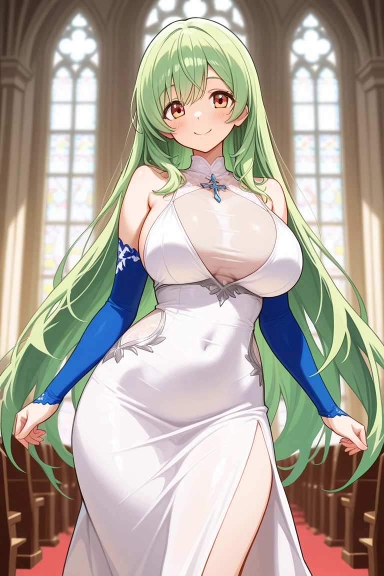 green hair, white dress, green eyes, gigantic breasts, cleavage, bare legs, ultra-detailed(best quality,highres:1.2), ultra-detailed eyes, smiling