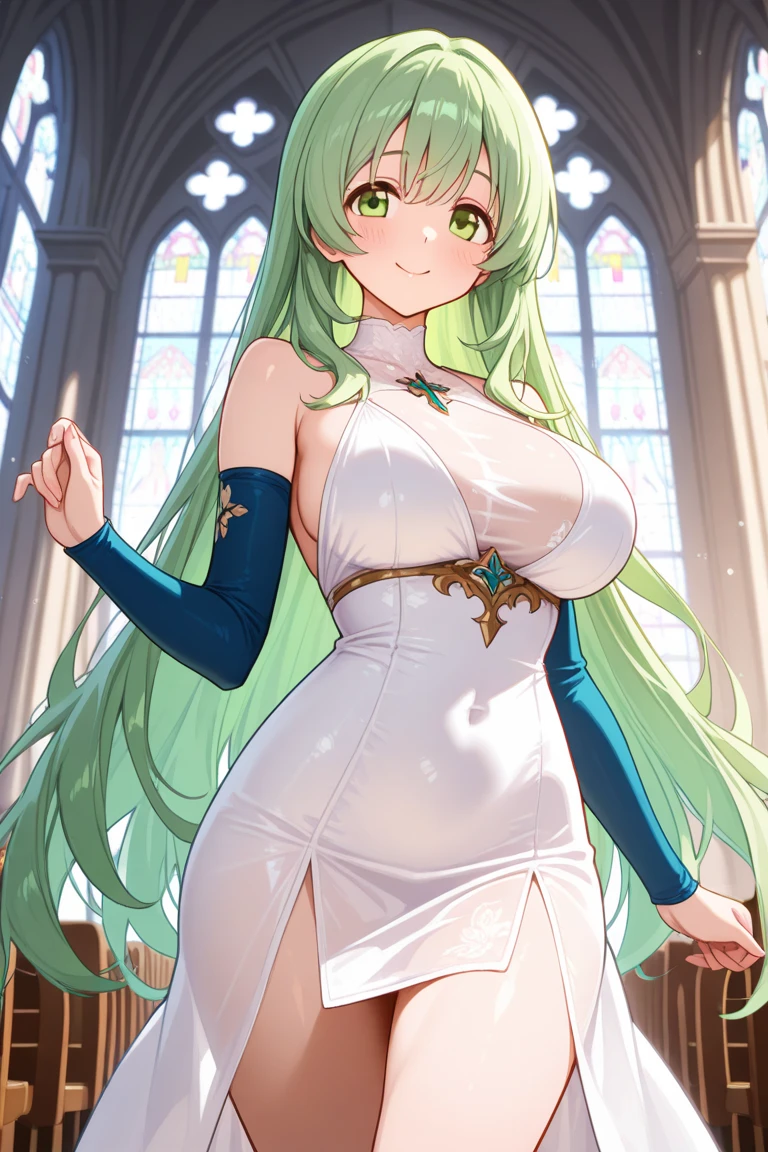 reduced color palette, heavy lines, contrast, pastel colors, A chubby magical girl, chubby body, fat thighs, protruding tummy, full breasts and chubby arms, chubby cheeks, long and voluminous curly pastel green hair with bangs, wearing a magical girl outfit with head adornments with thorns and metal faces on the side of the head in the iron maiden style holding a barbed whip, wearing iron heel boots and 7/8 torn lace stockings, in a decadent church, high quality, perfect face, pretty face, detailed face, perfect hands, detailed hands, juicy lips, thick lips and huge breasts, trend artstation, voluminous outfit, puffy sleeves, chubby girl, chubby girl wearing a voluminous dress, cute dress,  skirt, Magic Girl Outfit, wearing a crown of iron thorns