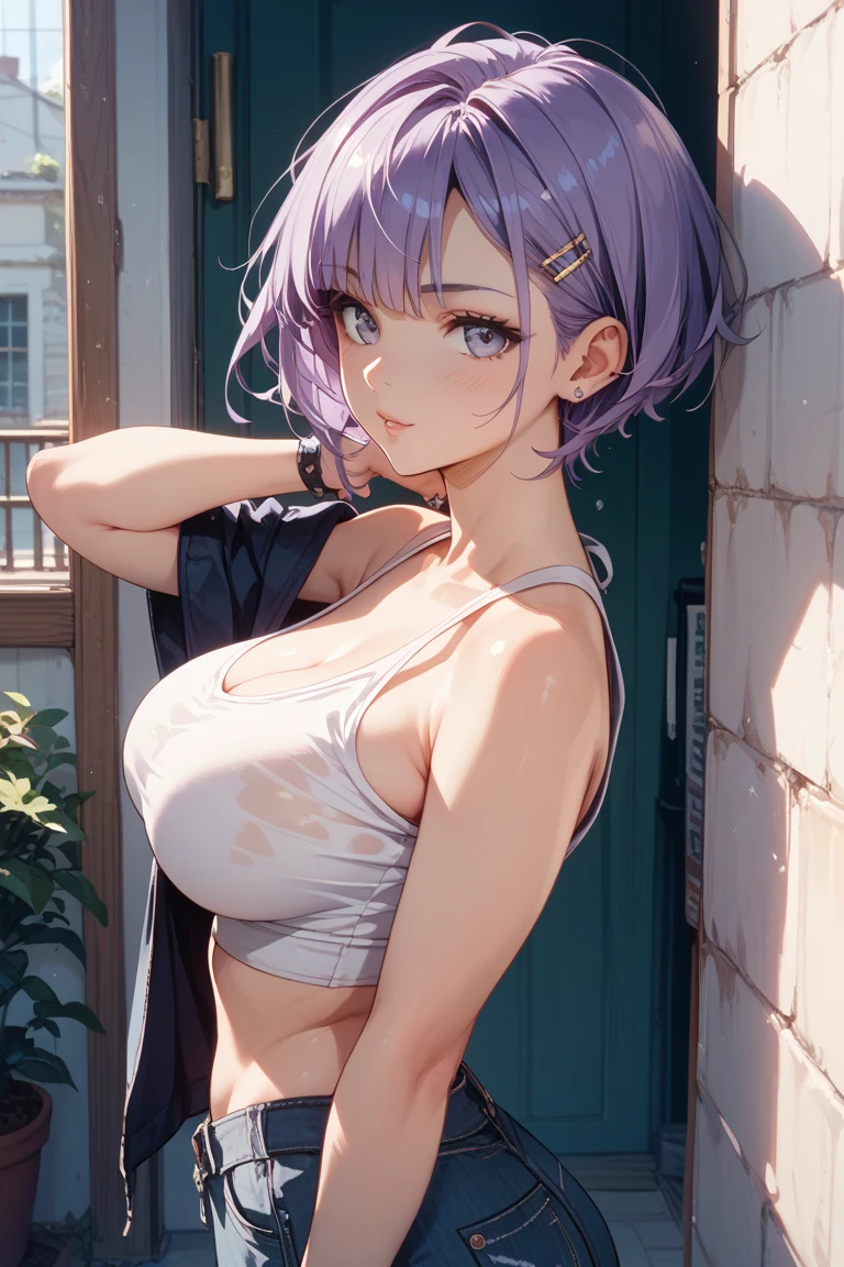 1 Female,High definition,high resolution,Ultra-realistic,8K, hy1, hair ornament, multicolored hair, necktie, skirt, sleeveless, , pink skirt, tight skirt,miniskirt, jewelry,European,sexy,Upper body close-up,Photographed from the front,Dynamic Angles,blush, medium tits, happy, wink the eye,facial, sweat,multicolored hair ,(wide thighs:1.3),(from behind),(huge ass),(show ass),(black thong),(pov, closed shot:1.2),(skirt lift:1.4),bedroom