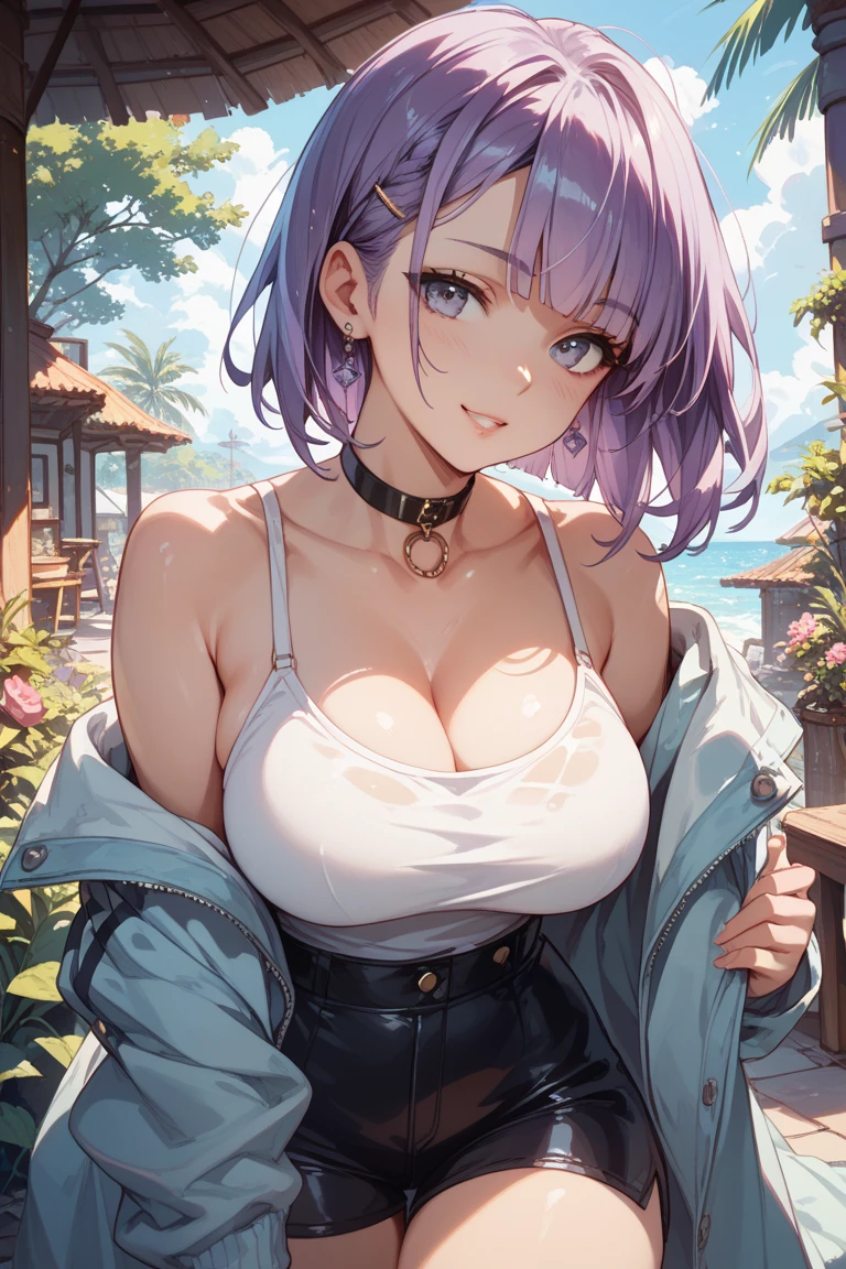 best quality,4k,8k,highres,masterpiece:1.2),ultra-detailed, extremely detailed eyes, extremely detailed body, (large masterpiece digital art), (detailed manga illustration), (detailed line art), ((perfect anatomy)), (intricate details:1.3), (ultra-detailed:1.3), (illustration:1.3), (sharp focus:1.3), (natural lighting:1.05), (vivid colors:1.3), (masterpiece), expressive eyes, perfect face, 1 girl, breasts, cleavage, gloves, large breasts, casual clothes, white shirt, tee shirt, denim jacket, jacket, {blue hair}, medium hair, wavy hair, (gray eyes), black denim shorts, shorts, dynamic pose, Huge ass, curvy, fur trim, hair bun, black ankle boots, cinematic lighting, heroic atmosphere, Beautiful woman, Atey Ghailan, Jeremy Mann, Greg Manchess, Antonio Moro, trend in ArtStation, trend in CGSociety, Intricate, High Detail, Sharp focus, dramatic and photorealistic painting art by Midjourney and Greg Rutkowski, Marvel Cinematic Universe style, (((mystical gothic castle in the background))),