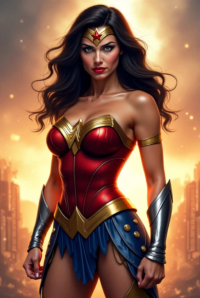 Bokeh, raw, dappled light,(smoke),( fire), (particles in the air), (dust), (burning rubble),wonder woman, anime, black hair, medium boobs, cleavage, perfect face, perfect hands, 5 fingers, seducing smile,chubby, v4, 8k, small breasts, ripped costume,dirty skin, Emerald eyes, nsfw, background: destroyed city, on city building,lex luthor defeated, lex luthor dead, (smoke), (fire), (particles in the air), (dust), (burning rubble), jim lee, dramatic overhead lighting, detailed face, cute, shallow depth of field, intricate details, god rays,,wonder woman