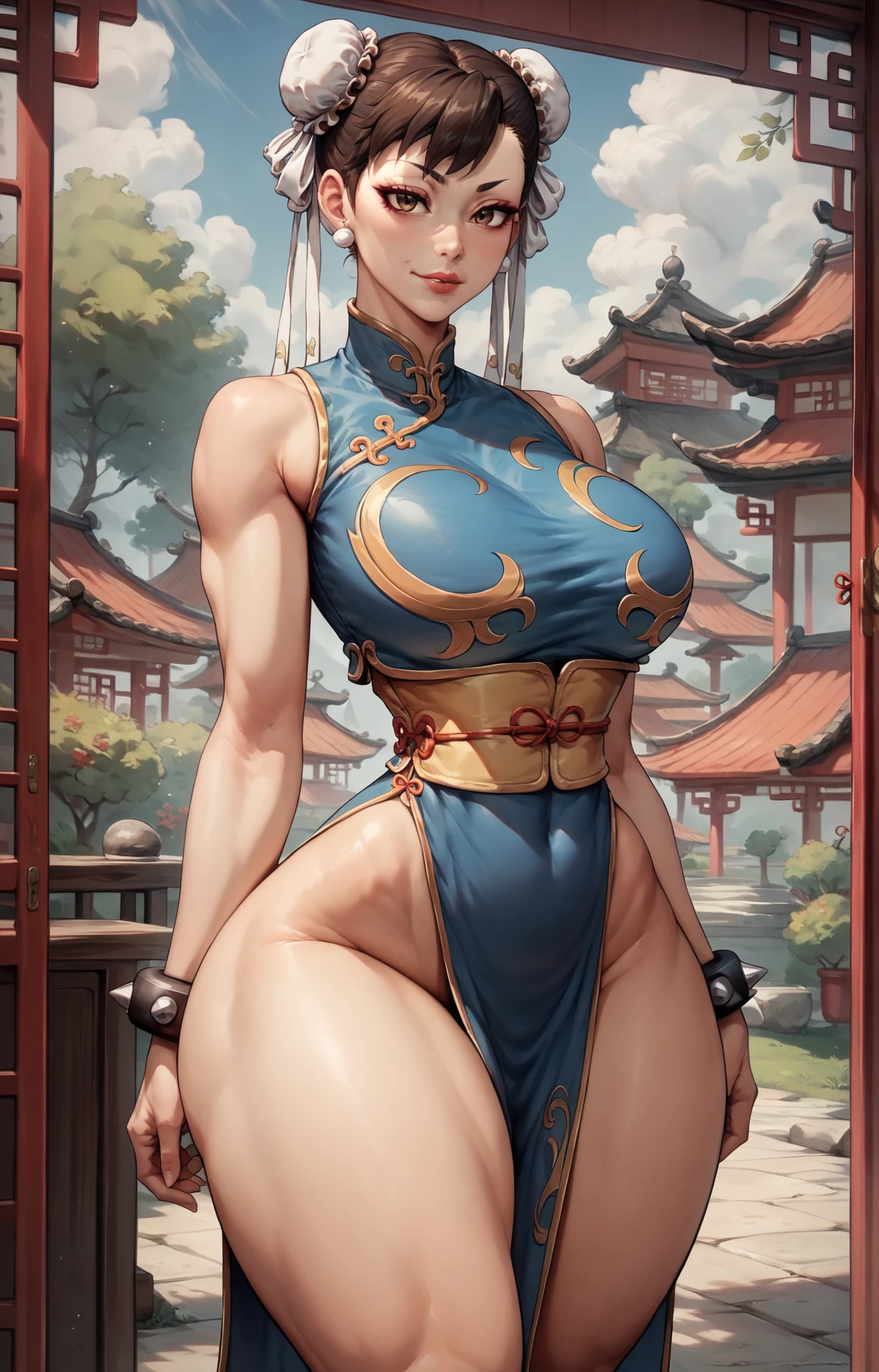 Chun li wearing Yor Forger's costume, masterpiece, best quality, highres, aayorf, sidelocks, gold hairband, hair ornament, red eyes, gold earring, large breasts, thick thighs, curvy hips, choker, bare shoulders, black dress, two-sided dress, fingerless gloves, thigh boots, cowboy shot, standing, field, from side,
