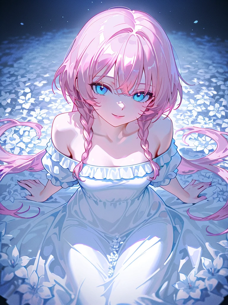 Alien wife 1.90 tall,slim, with medium light pink hair, Oval face, blue eyes without pupils, pointy nose, wears ballerina clothes and has pearls on her forehead