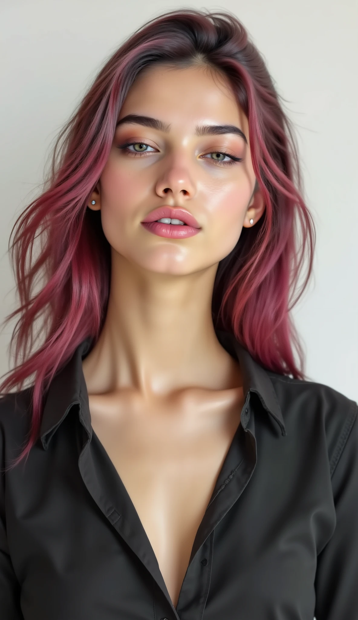 ((Generate hyper realistic half body image of captivating scene featuring by a stunning 20 years old girl,)) with medium long pink hair, some flowing curls, seductive lips, moist lips, nude with a black shirt umbotoned, bare chest, piercing, blue eyes, photography style , Extremely Realistic, ,photo r3al