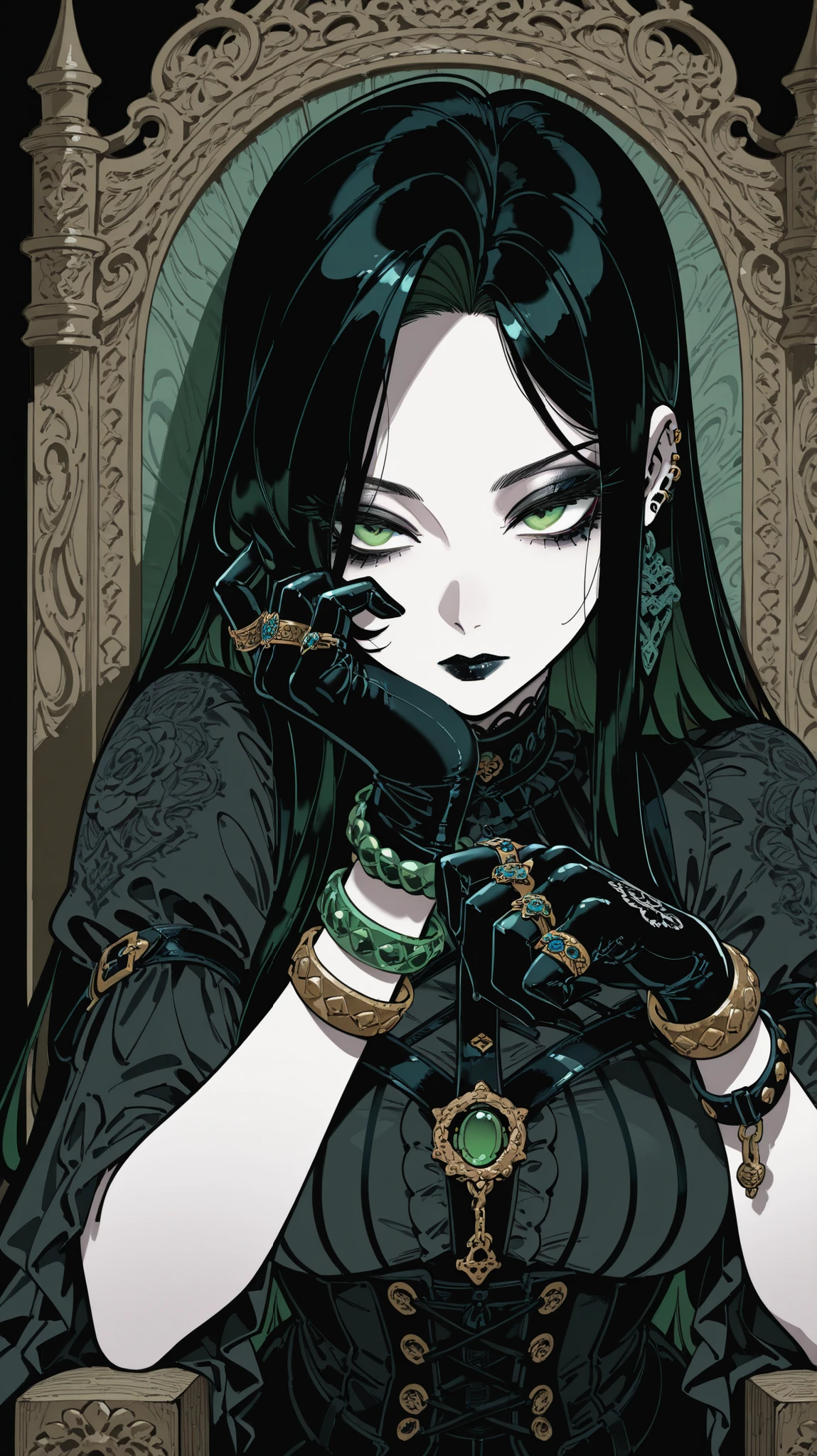 masterpiece, best quality, amazing quality, newest, very aesthetic, 1girl,Image is a digital illustration featuring a gothic style portrait of a woman seated on an ornate, wooden throne-like chair with intricate carvings. The subject has pale skin and long, straight black hair with a glossy sheen. Her facial expression is contemplative, with striking green eyes and bold, dark makeup, including black lipstick and eyeliner. She rests her chin on her gloved hands, which are adorned with multiple rings and bracelets, adding to her gothic aesthetic. The background features vertical, dark blue stripes, enhancing the dramatic and moody atmosphere of the composition.