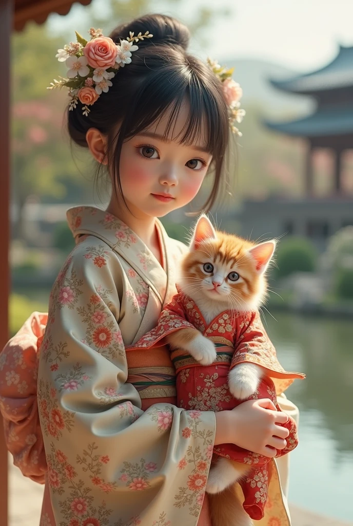 On an empty steppe，Green grass，A 4-year-old girl，Round Face，Black long hair，Pink Hanfu，Holding a white cat，happy