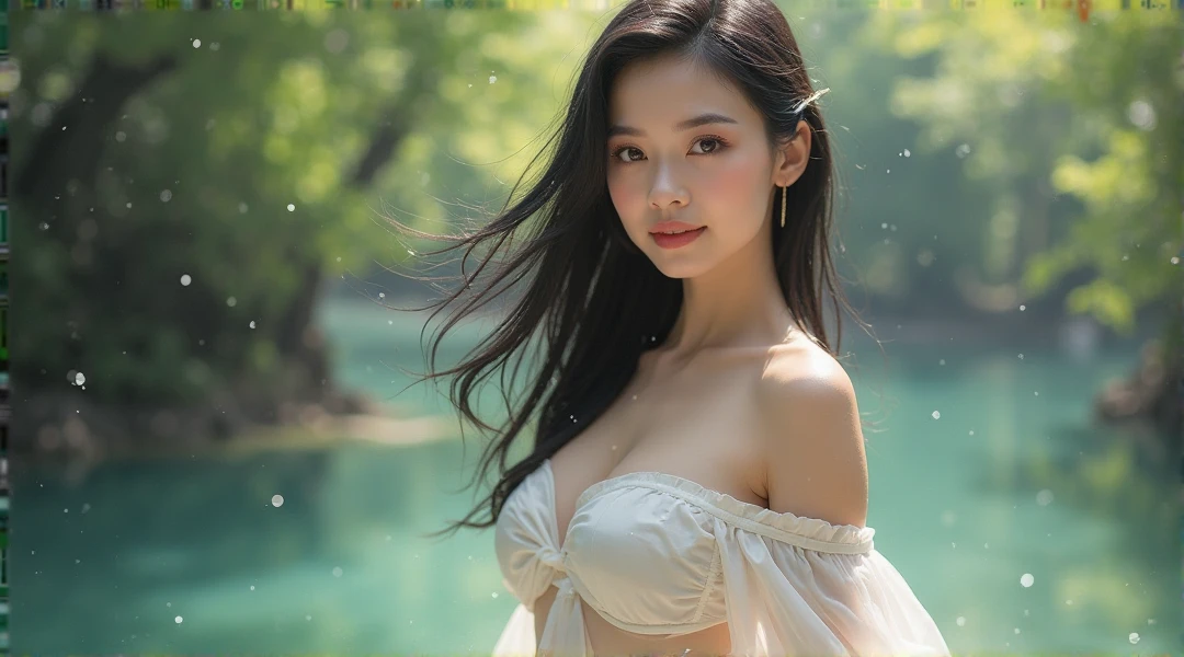 A young beauty woman, long black bun hair, soaking wet in waterfall, while both hands touching hair currently wear shampoo while rubbing it on his hair, natural, beautiful, fresh, himself, real hyper realistic, real human asia, UHD 16k, detailed photo, perfect face, detailed places, photo was taken from a distance in the waterfall