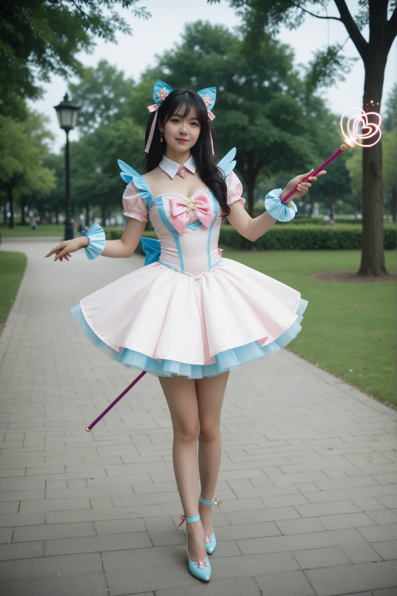 Realistic photo. Cosplay of a sensuous, magical girl holding a magic stick, showcasing thighs, delicate shoes. Background of a park.