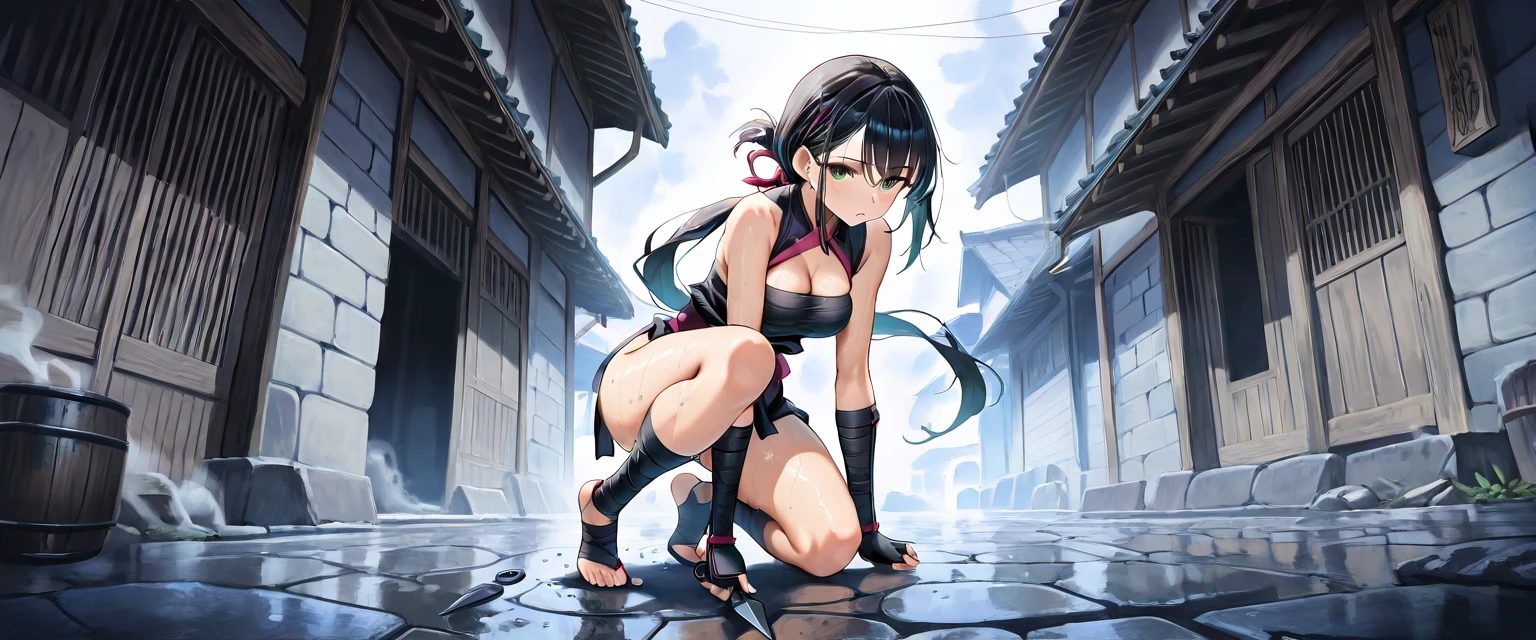 Straight black hair, (((Dark Skin))), ((Latin)), Purple Iris, Delicate eyes, Delicate face、(((Sweating with aphrodisiac、The aphrodisiac circulates throughout the body、On the brink of climax)))、White mesh top、Torn mesh、Mesh bottom、Subtly erotic、See-through with sweat、(((capture d ninja、Bound Ninja、Full body bondage、ロープによるConstraints、Constraints、Kneel、Hands tied behind back、Gagged with cloth、Iron Collar)))