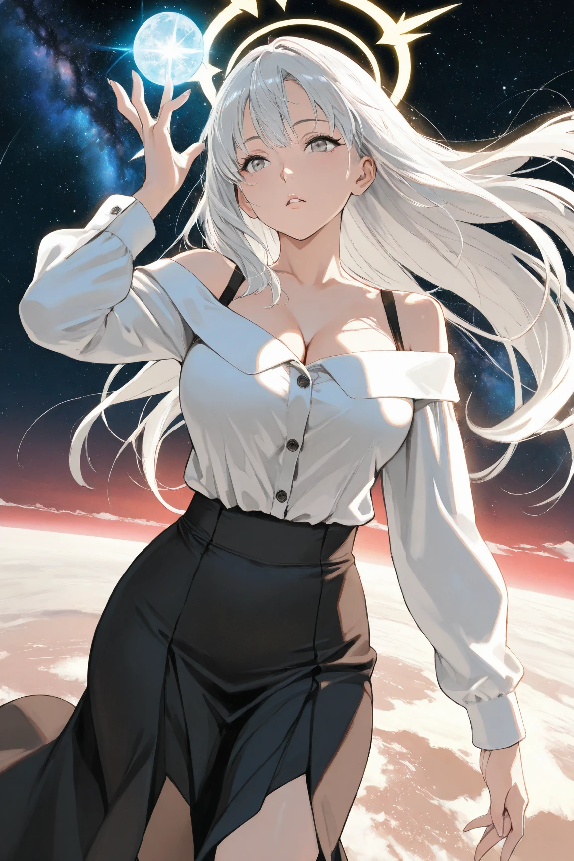 8K, highest quality, RAW photo, ultra high resolution silver blonde silver hair eyes are pink cool beauty beautiful butt huge breastsの谷間 thin eyebrows huge breasts sexy 2 limbs alone beautiful nose Make the nose smaller droopy eyes glamorous mouth long coat of black color light reddish purple knit long skirt of black color snowfield Diamond dust Sparkling fantastical scenery Raising both hands and looking upwards Clothes standing position Panoramic shooting