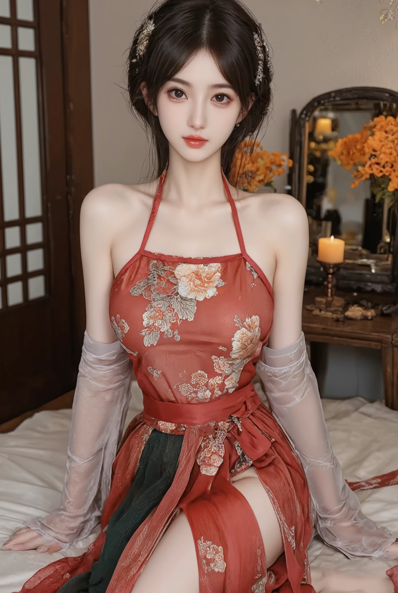 a Chinese woman wearing a sexy dress,
(((masterpiece))), ((best quality)), ((intricate detailed)), ((Hyperrealistic)), absurd res, milf, mature woman, perspective, highly detailed, illustration, 1girl, ((large breasts)), high slit dress, sexy cheongsam, perfect hands, detailed fingers, beautiful detailed eyes, updo hair, brown eyes,(chinese dress:1.2), earrings, detailed background, perfect eyes, seductive eyes, looking at the viewer, from front, see-thought dress, nipples protruding under clothes
