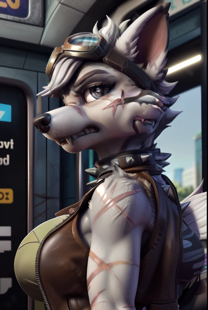 Gasket, ((Paw Patrol)), ((female solo)), domestic dog, female, adult female, brown eyes, (((gray fur)), ((gray body)), (wearing brown leather vest:1.55), (wearing spike wristband:1.25), (large breasts:1.25), (huge breasts:1.45), (hair over eyes:1.25), (white hair:1.25), ((sharp teeths)), ((large fangs)), gray eyes, (Shiny eyes:1.6), ((Pixar eyes)), perfect eyes, ((glowing eyes)), (hyper realistic:1.65), long fluffy tail, very large tail, tail up, very furry and fluffy, ((very large fangs)), perfect ligthing, (metro station background:1.25), (inside a metro car:1.0), (front side view:1.45), looking at Viewer, ((seductive break)), ((spread legs)), spread legs, (rajii:1.1) (dimwitdog:1.1), (thesecretcave:1.25), (cooliehigh:1.1), (miles-df:1.1), (complextree:1.1), (pixelsketcher:1.1), (foxovh:1.1), (zaush:1.1), (avante92:0.70), (meesh:1.1), (inu-sama:0.80), (cervina7:1.1), (F-R95:0.70), (R-mk:1.1), (xpray:1.1), (standing tall:1.65), (large fluffy tail:1.65), (close up to face:1.0), (angry expression:1.45), (scars all over her body:1.65), (wearing long goggles over head:1.65) botw style, (wearing black tank top under jacket:1.45), (wearing spike collar:1.25), (3D render:1.25), nagatiti