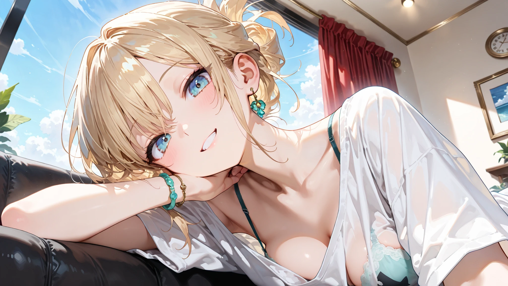 anime of a woman who has a body as white as snow, her name is Chalista, she has a smooth and beautiful face, have a mole on the right cheek, wearing a beautiful and luxurious light blue dress she smiled beautifully and had charming eyes and a sharp nose and pink cheeks and pink lips, blonde hair using luxurious hair accessories and curly eyelashes and thick eyebrows and while riding in a luxury car and her breasts were not big and the dress covered up to her neck