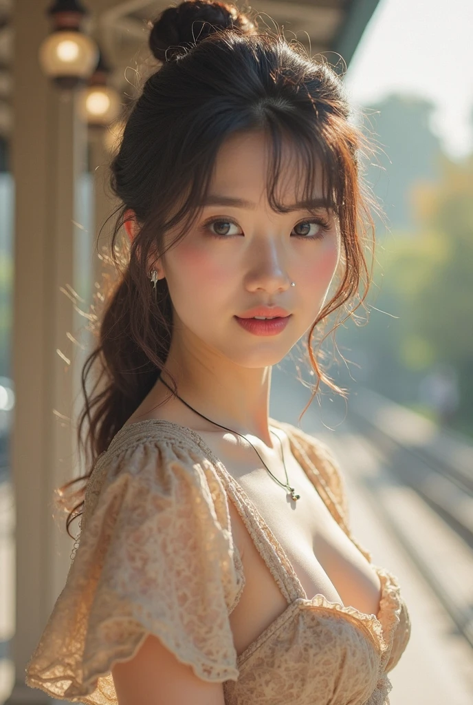 1girl, Extremely cute face, (hyper-realistic, hight resolution), (Best Quality:1.4), Raw photo, (Realistic, Photorealsitic:1.37), Professional Photography, Cinematic Light, (Highly detailed eyes, Highly detailed face), (lace off-shoulder:1.2), (Beautiful breasts), (no panties:1.3), pubic hair, Upper body, smile slightly, sitting, Spread your legs wide open, stare at me, Port scenery, old port town, ((Port scenery with a beautiful sunset)), (view from below),