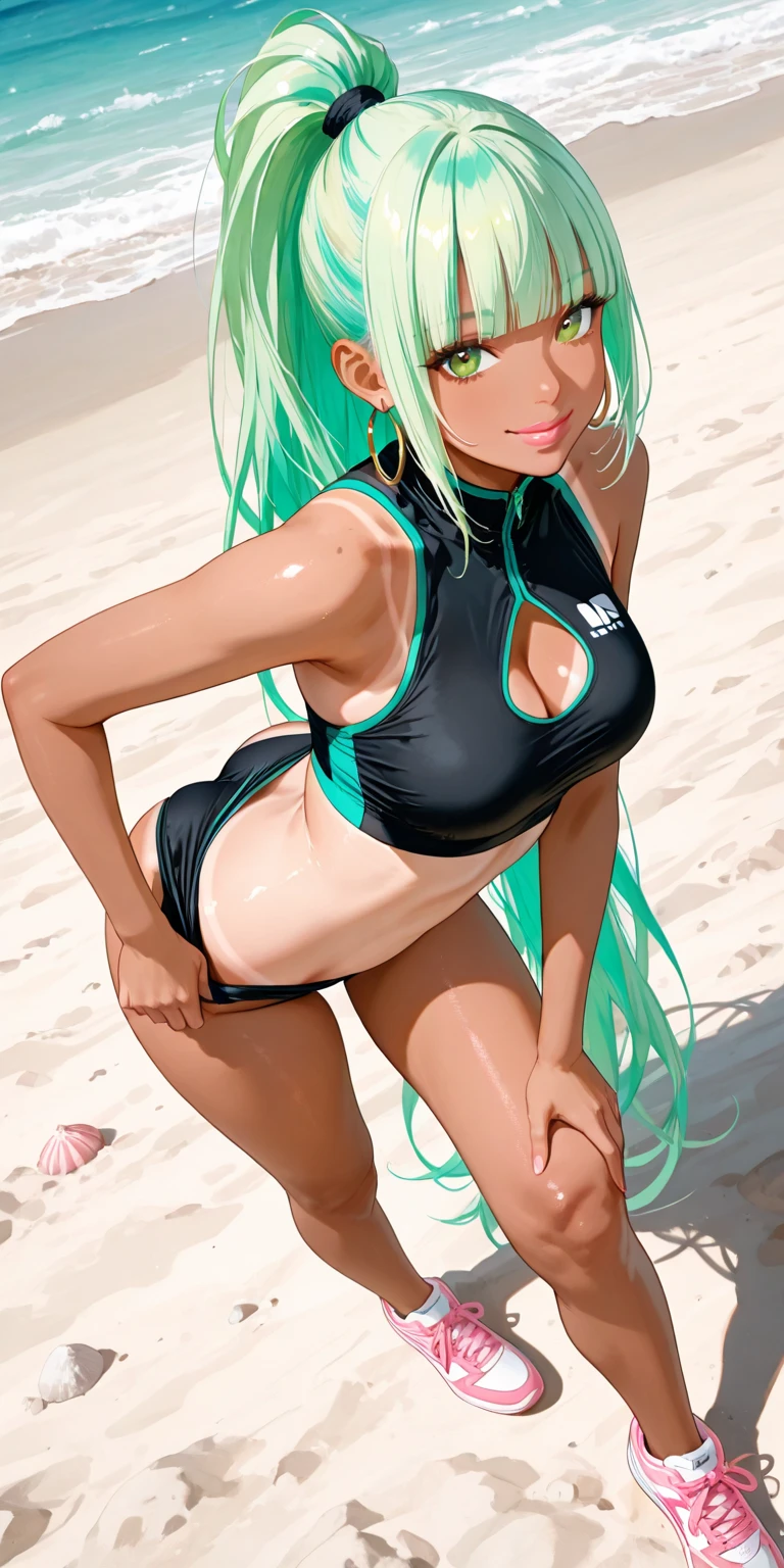 (high resolution, full body, soft skin:1.2, green twin tail),(best illustration,masterpiece:1.2),ultra-detailed,[(cat ears , green inside:1.2, green eyes),vivid colors,sharp focus,portrait,studio lighting,bokeh, wearing a 2 piece black bikini, midnight beach background, spotlight in background, kneeling, smiling, head tilted