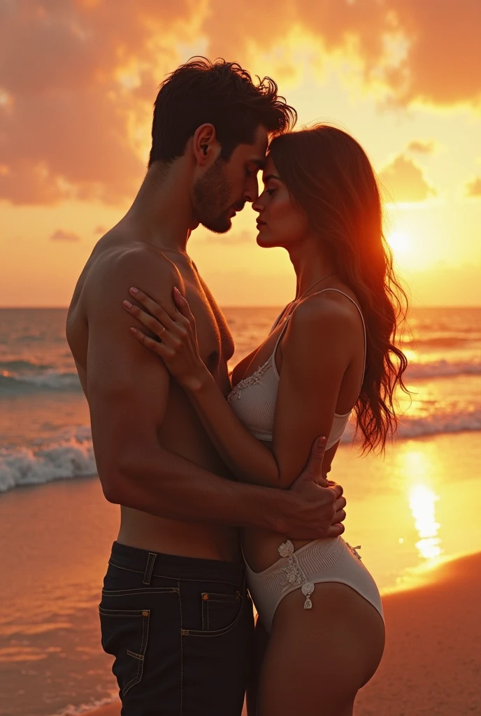 A man who looks like Henry Cavvil is having sex with a woman with black hair on the beach, lying in the sand