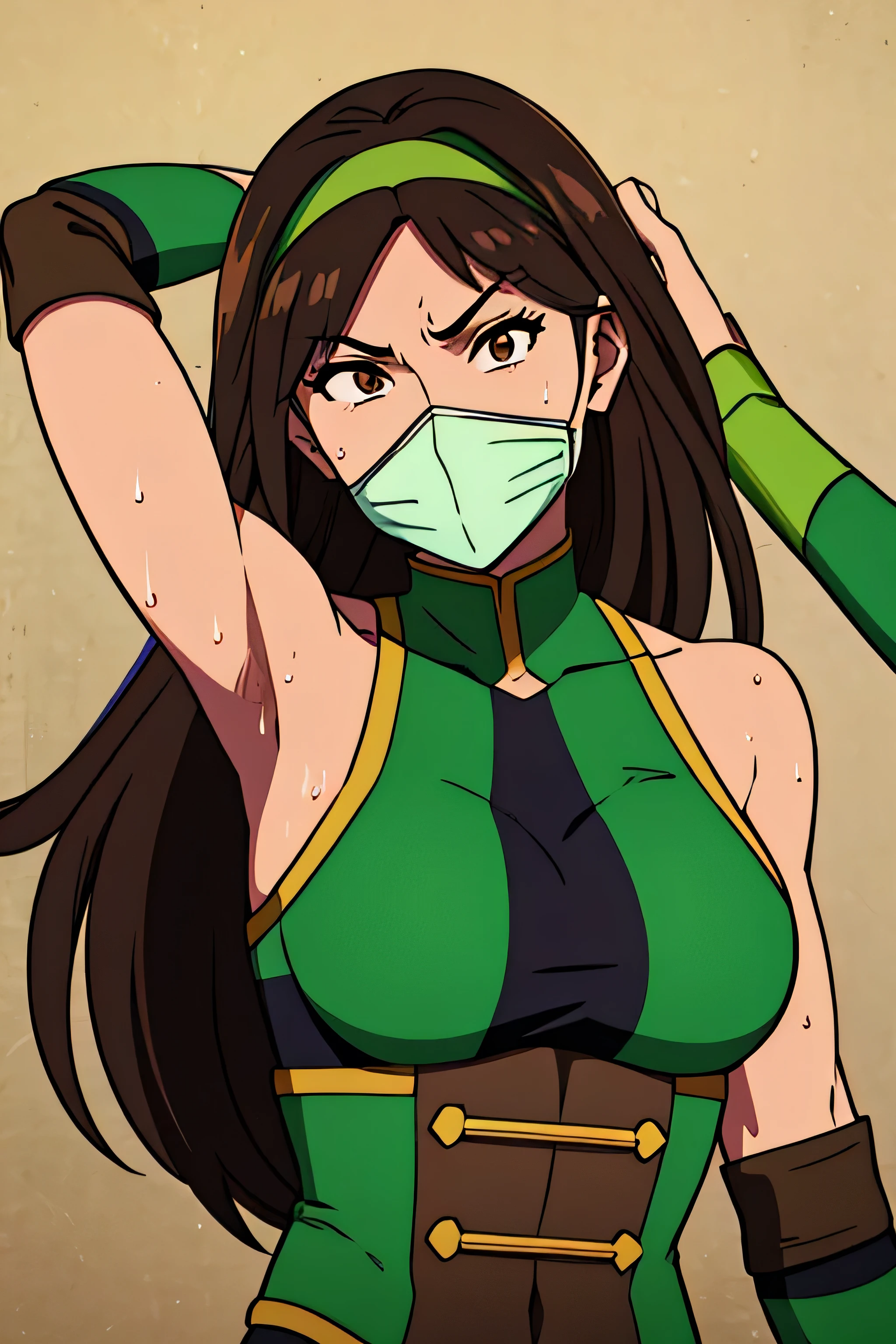 Jade, human woman with wheatish complexion,sleeveless.She has brown eyes and blackish blue clothing. Her hair is blackish brown in color; She is beautiful.Tsundere face.,mature appearance,armpits,sweat,sweaty,sweaty armpits,arms up,showing armpits,awesome armpits,outfit,blackish green arm warmers,blackish green arm bands,black arm warmers, wearing Konoha headband,wearing green face mask