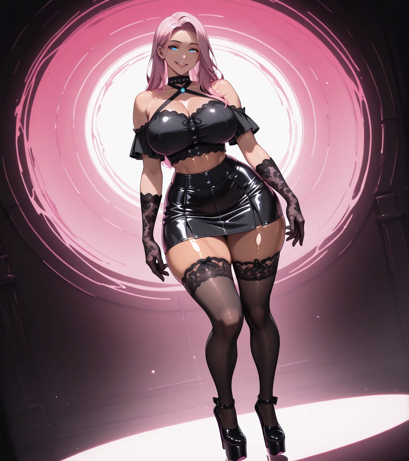 1 girl, 19 years old, Long pink hair, green eyes with slit pupils, master-piece, best quality, (standing up), (white strapless tube top), (tight white tube top, black leather pencil mini skirt, patent leather high heel boots, cleavage),  (Big , ultra gigantic , Super super big, Glamorous body), Make eye contact with the camera, front figure, looking forward, (light_Smile:1.5), (Detailed hands and fingers:1.2) (Cyberpunk City), (FULL BODYSHOT), thighs thighs thighs thighs、beauty legs、