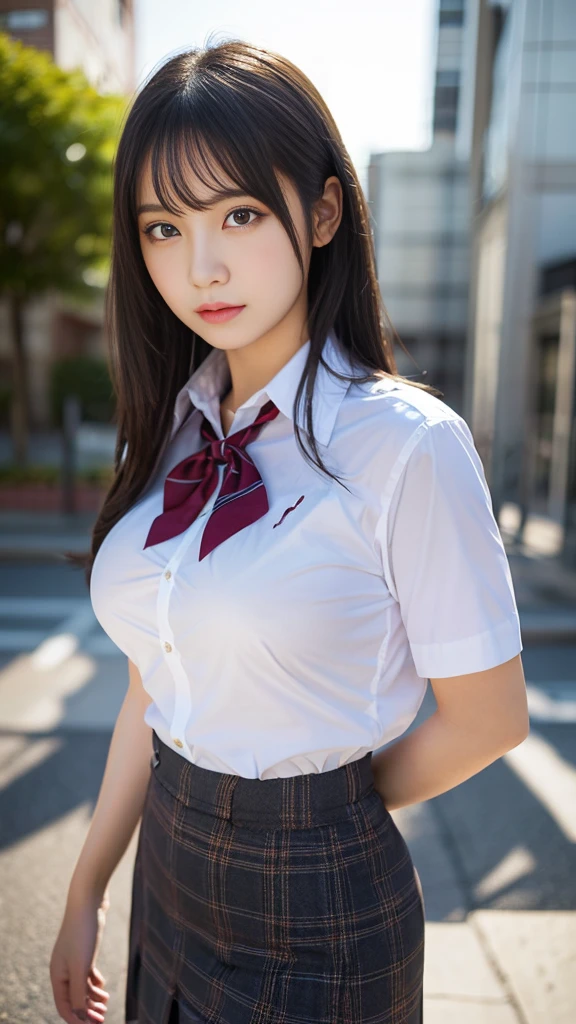 ((Highest quality, 8K, masterpiece :1.3)), Realistic、Ultra-high resolution、Natural skin texture、Hyperrealism、Above the knees photo、16 year old beautiful Japanese girl、(Large Breasts,Cleavage)、White collar shirt and tie、Checked mini skirt、(Beautiful legs),Serious expression、