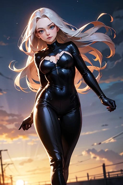 лучшее качество, шедевр, Gwen Stacy into the spider verse, spiderman into the spider verse, white and black costume, young pale skinny white girl, lob hair, ombre hair, modern short bob cut hair, wavy hair, dark to blond hair, (night city background), spider and webs, full body, dynamic pose, beautiful body structure cover, hyperdetailed painting, luminism, Bar lighting, complex, 4k resolution concept art portrait by Greg Rutkowski, Artgerm, WLOP, Alphonse Mucha, little fusion pojatti realistic, fractal isometrics details bioluminescens : a stunning realistic photograph, acrobatic pose, squatting, shiny costume