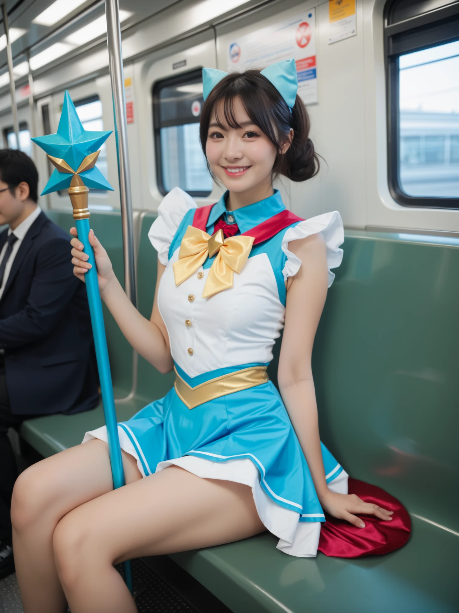 Realistic photo. Cosplay of a slightly smiling, sensuous, magical girl holding a magic scepter, showcasing thighs, sitting inside a subway train.