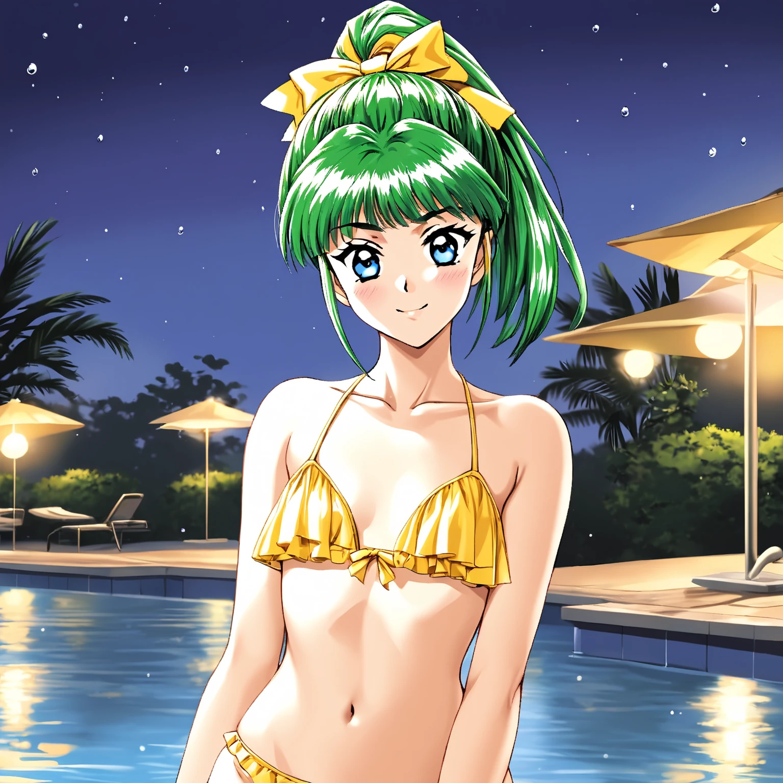 ((masterpiece)),((highest quality)),super detailed,enlightenment,explicit,beautiful body,beautiful Nose,beautiful character design,perfect eyes,perfect face,wallpaper,ultra high resolution,4K,photograph,(beautiful,normal chest:1.2),(beautiful顔:1.2),cinematic lighting,soft light,beautiful feet,perfect legs,shiny skin,NSFW,official style,official art,make a screen cap,anime coloring book,ruka,1 girl, chest, water着, outdoor,alone, belly button, green hair, yellow eyes, long hair, style parody,hair between eyes, null, Day, looking at the viewer, slingshot water着, beach, turn your arms behind your back, blush, cloud,large chest, Ocean, clavicle, water,parted lips, blue null, Stomach, side lock, smile, thighs, one-piece water着, bare shoulders, cowboy shot, Day光, Wet, camel toe, Are standing, hair ornaments, between legs, covered nipples, bikini, sand,Female college student,young woman,