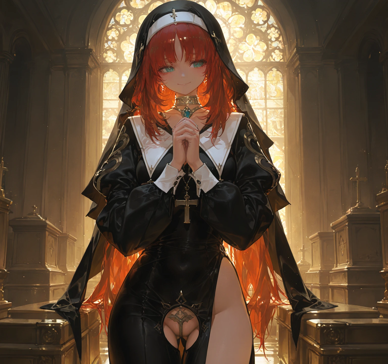 (high resolution, The pixels are perfect, luxurious illustration), (hyper qualit, Masterpiece, Ethereal: 1),nun, completely naked,in churches ((Naked Carmelto)), black areola, ((small breasts)),wet skin, (((light skin)))),Long hair, ((Sexual suggestiveness)) high-heels, nsfw, laying down exposed, breasts showing, red hair, green eyes