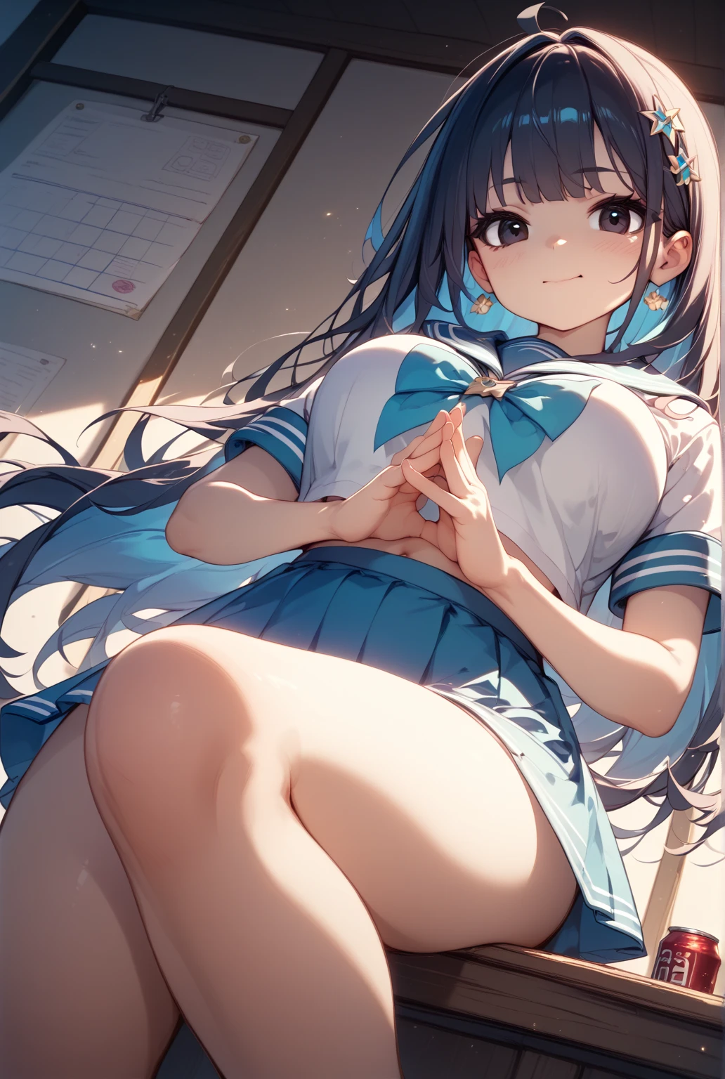 Masterpiece、最high quality、high quality、High definition、High resolution、High detail、Lens flare、Ray Tracing、high qualityのテクスチャー、high qualityの影、Beautiful details、Detailed explanation、Detailed texture、Realistic facial expression、Realistic and colorful、Slender、Cinematic Light、Side light、Sharp Focus、(1 Girl:1.3)、(Intricate detailakeup、Pure Eros Face_v1:0.5)、(Details Beautiful delicate face、Detailed beautiful delicate eyes、Perfect Facial Proportions、Detailed skin、Charm)、A frustrated expression while experiencing orgasm、Fancy Twin Tails、Beautiful bangs、(Two-tone gradient hair color)、slender、(Upturned beautiful breasts)、(Detailed crotch、Open crotch、Showing off your crotch)、Female juice、Experiencing the best orgasm、(Spread your knees and open your legs)、(Raise your arm and make a peace sign)、White front opening shirt、Crop top、Thighini skirt、Flip up、High slit、uniform、socks、boots、Low-angle composition、Milim Nava、(Take a deep breath、Work on this image step by step)