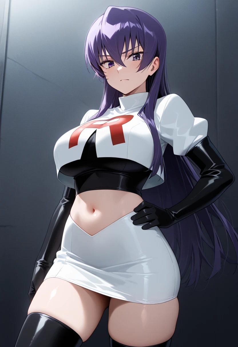 Woman, mysterious, purple hair, black eyes, gloomy look, adult, long dress, inside a school, serious look, athletic body, perfect body