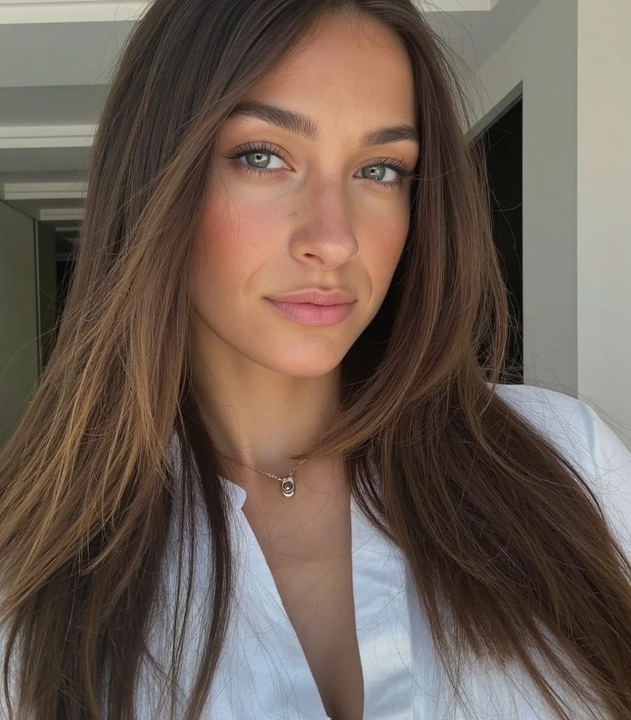 1 femme italienne , Long, Wavy hair, dark brown eyes, seins moyens, avec chemisier bleu ciel , prise de photo debout, bite your lips, Sensuel