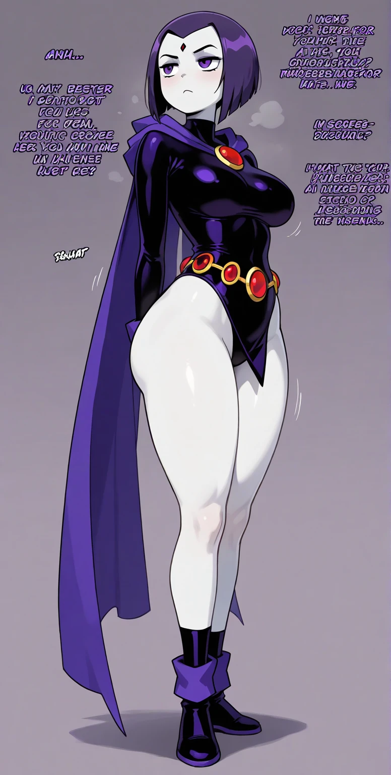 (grey skin:1.4), (solo:1.1),(masterpiece), (best quality:1.3), highly detailed, intricate, professional art, digital art, absurdres, Shadraven, grey skin, 1girl, solo, (Full body:1.1) ,dark purple hair, dark purple hooded cloak, bob hair, red jewel in forehead, gold belt with red jewels, gold hoop earrings ,high heels, purple eyes, (black turtleneck long sleeve leotard:1.1), pear shaped figure, , (small breasts:1.1), covered breasts), (aroused:1.2), futanari, (huge :1.1), medium penis, grey penis:1.4, veiny penis, dark penis head, bubble butt, thick thighs, pubic hair, huge testicles, clothing pulled aside for penis, huge testicle bulge between thighs , (black makeup 1:1), Black lipstick, full lips, BREAK outdoors, dim lighting, graveyard, BREAK fontal view, standing, legs spread apart, BREAK