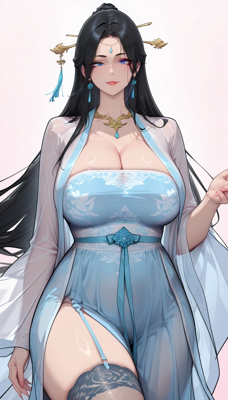 (art: 1.2), (best quality: 1.2) 1 woman, mature teenager, 185 cm tall, looked to be around 25 years old, she had long black hair like darkness, hair parted in the middle, straight hair and sparkles attached to a green jade hairpin, piercing ruby ​​red eyes, extremely detailed eyes, perfect eyes, extremely realistic eyes, well-aligned eyes, long eyelashes, anime style, extremely beautiful face, face respectful of the viewer, delicate and mature face, lips fleshy, mature, light skin, natural body, SEXY BODY, milf body, with one hand holding her waist, perfect hands, detailed hands, hands well proportioned to the body, realistic hands, arms at the sides, arms with good anatomy, she wore a ruby ​​red dress with a long Chinese style skirt decorated in black that still couldn't hide her extremely large and huge breasts that were hanging down due to her size, she was fully covered by the paia, thick thighs fully covered, wide hips, looking at the spectator with a reserved facial expression is respectful, background scene, in an oriental-style Chinese pavilion, posing alone, looking at the viewer, standing
