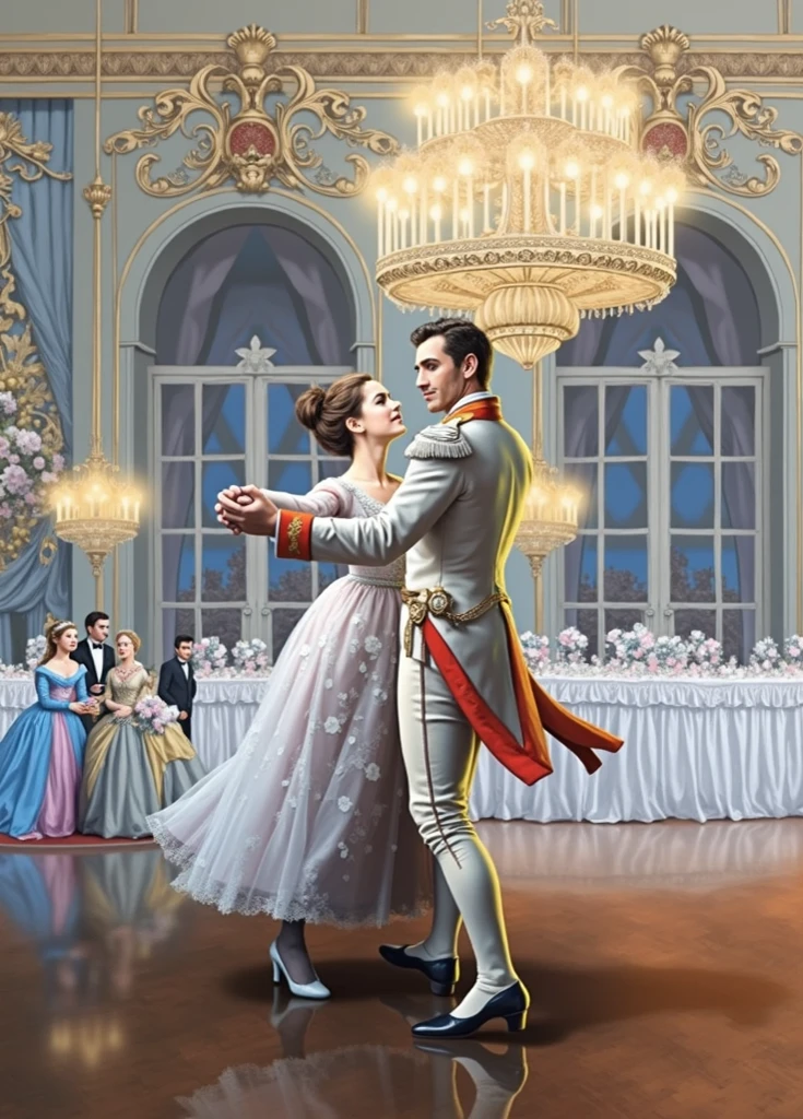 Create a highly detailed illustration of a couple at a period romance ball. A mulher deve estar usando um vestido rosa deslumbrante, com uma saia longa e volumosa, detalhes de renda delicada e uma cintura bem marcada. O vestido deve ter mangas bufantes e um decote elegante. Ela deve ter cabelos castanhos, presos em cachos suaves e adornados com uma tiara delicada.

The man must have been wearing a military suit of the army of the time, with a navy blue coat and gold buttons, black pants and leather boots. Ele deve ter cabelos castanhos curtos, com costeletas e um bigode bem aparados. He must be wearing a military hat complementary to the uniform.

The couple should be holding hands, com os olhares fixos um no outro. They should be in a richly decorated ballroom, com candelabros de cristal, espelhos dourados nas paredes e um piso de madeira polida. Ao fundo, There must be other couples dancing and musicians playing on an elevated stage.

Be sure to include all the little details that make the illustration authentic, como joias, Luvas, Details about shoes and passionate facial expressions. Lighting should be soft, with candle lights creating a romantic atmosphere.