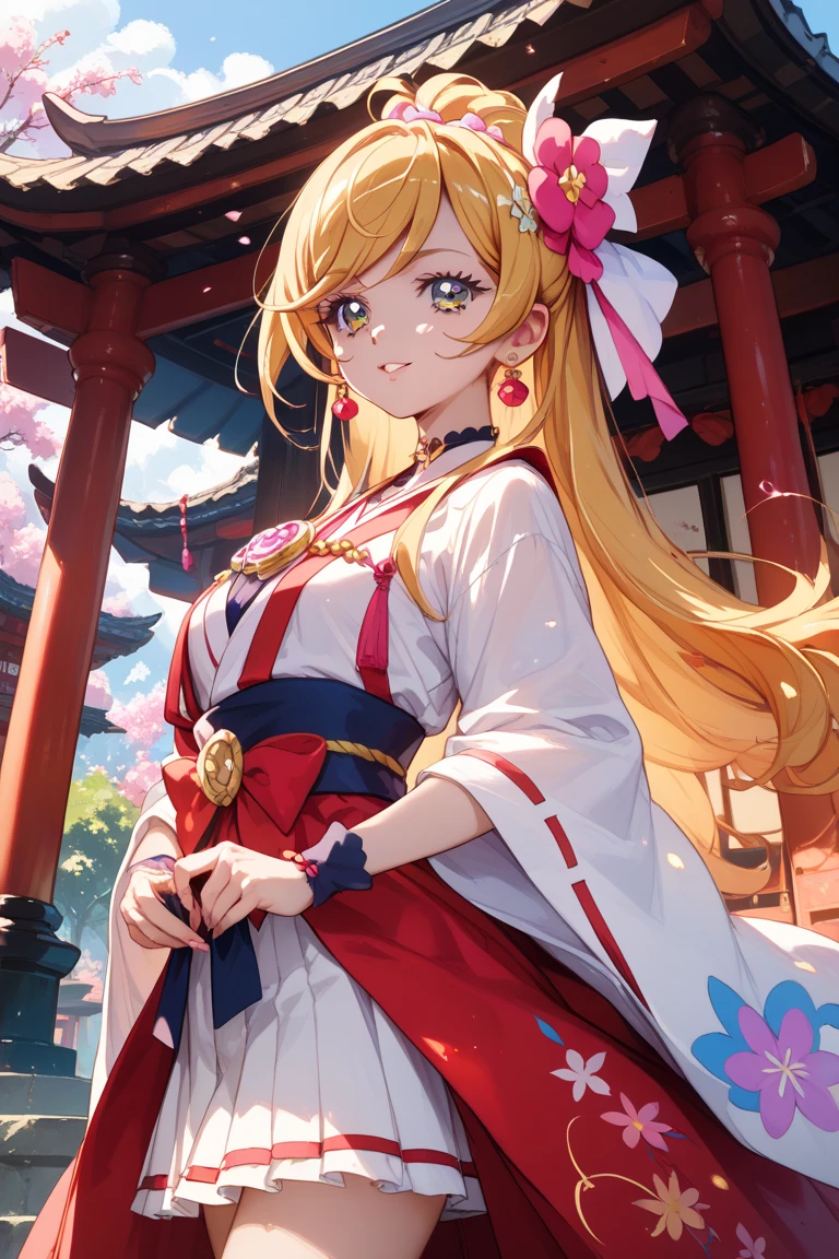 Fox Girl,,A-cup breasts,Nine Tails,Japanese Kimono,Long blond hair,Cyan eyes,A mischievous smile,Adoring eyes,cute,