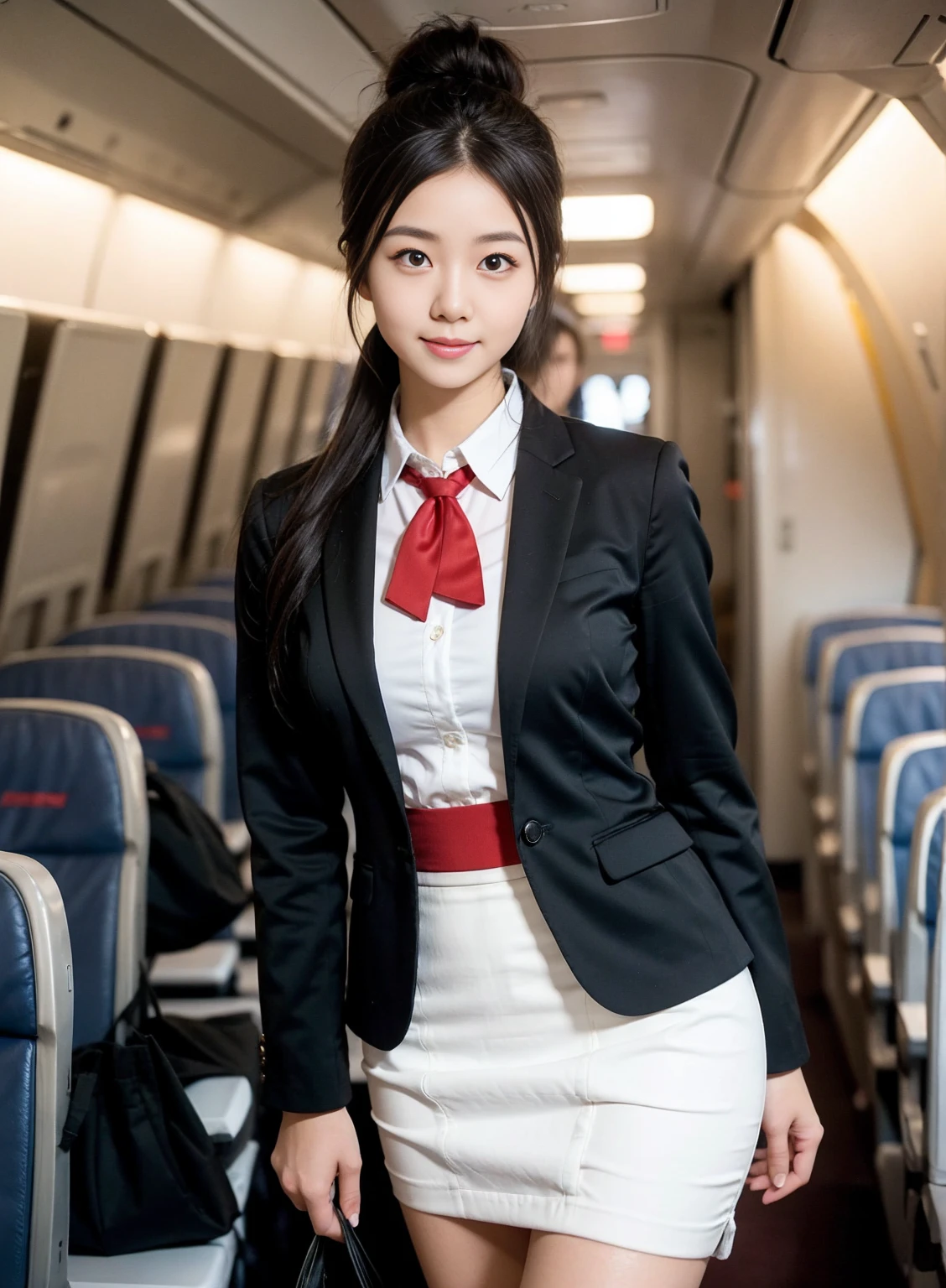 ((of the highest quality, 8K, masutepiece: 1.3, Raw photo)), Sharp Focus: 1.2, (1 AESPA Girl :1.1), Solo, (Realistic, Photorealistic: 1.37), (Face Focus: 1.1), Cute face, hyperdetailed face, Short messy hair, Small Smile, large full breasts, (Flight attendant uniforms: 1.1), Sitting, Thigh, (airport, terminal: 1.2),a miniskirt、