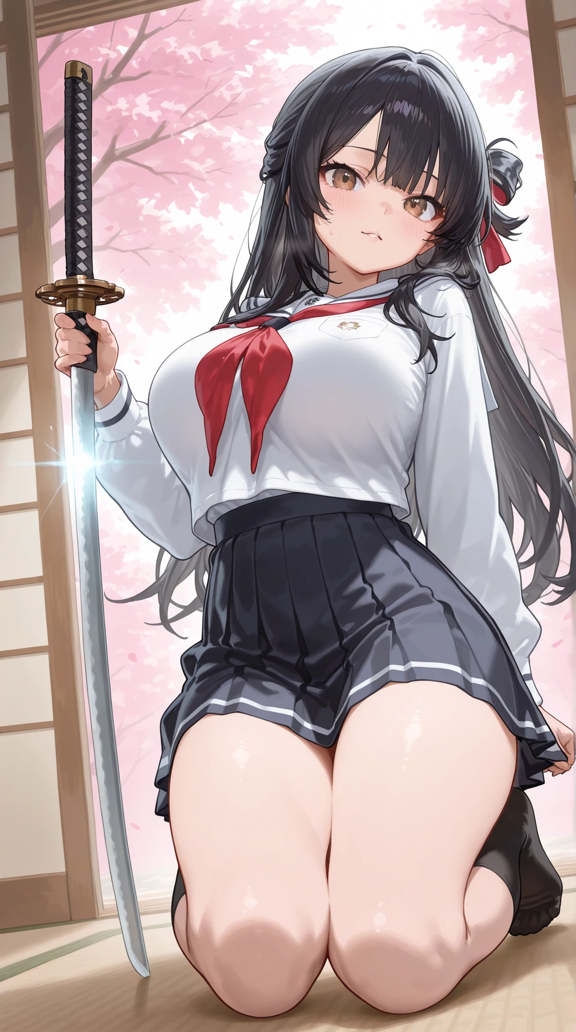 One woman、beautiful girl、high school girl、Hakama、ponytail、Big red ribbon、Long Hair、Budokan、Holding a Japanese sword、Kendo stance、A packed audience、Highest quality,  Thick thighs、Big Ass、Black Hair、Sweaty body、Rin々A funny expression、Serious face、Angle from directly below、tabi、Japanese sword swinging pose、Conqueror&#39;s Haki Aura、Squatting with legs apart、Blue panties、Close up angle on pantiey legs are shaking、Cramp、Love juice、Dildo underneath、The dildo is touching her crotch、in the ground、The dildo is vibrating