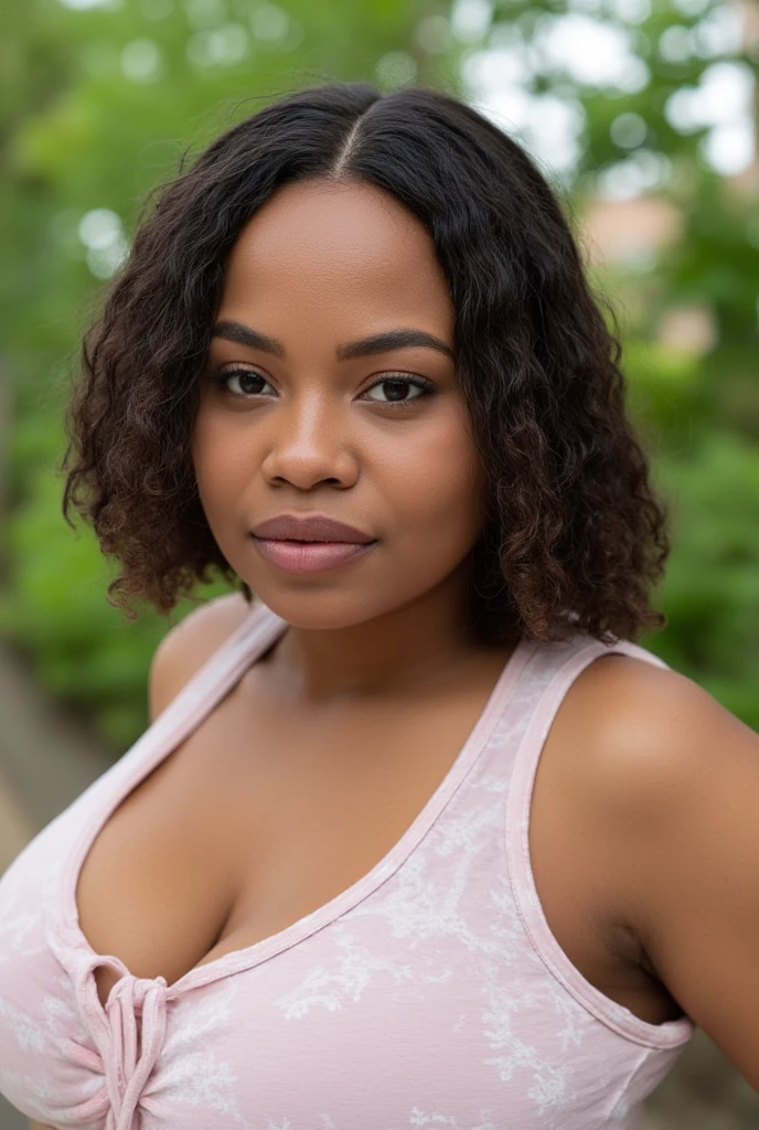 bright colors,vibrant colors,high key lighting,portrait,realistic),beautiful black woman,smooth black hair,smiling,detailed face,detailed eyes,detailed lips,mini low-cut white blouse,brown skirt,curves,posing for a photo