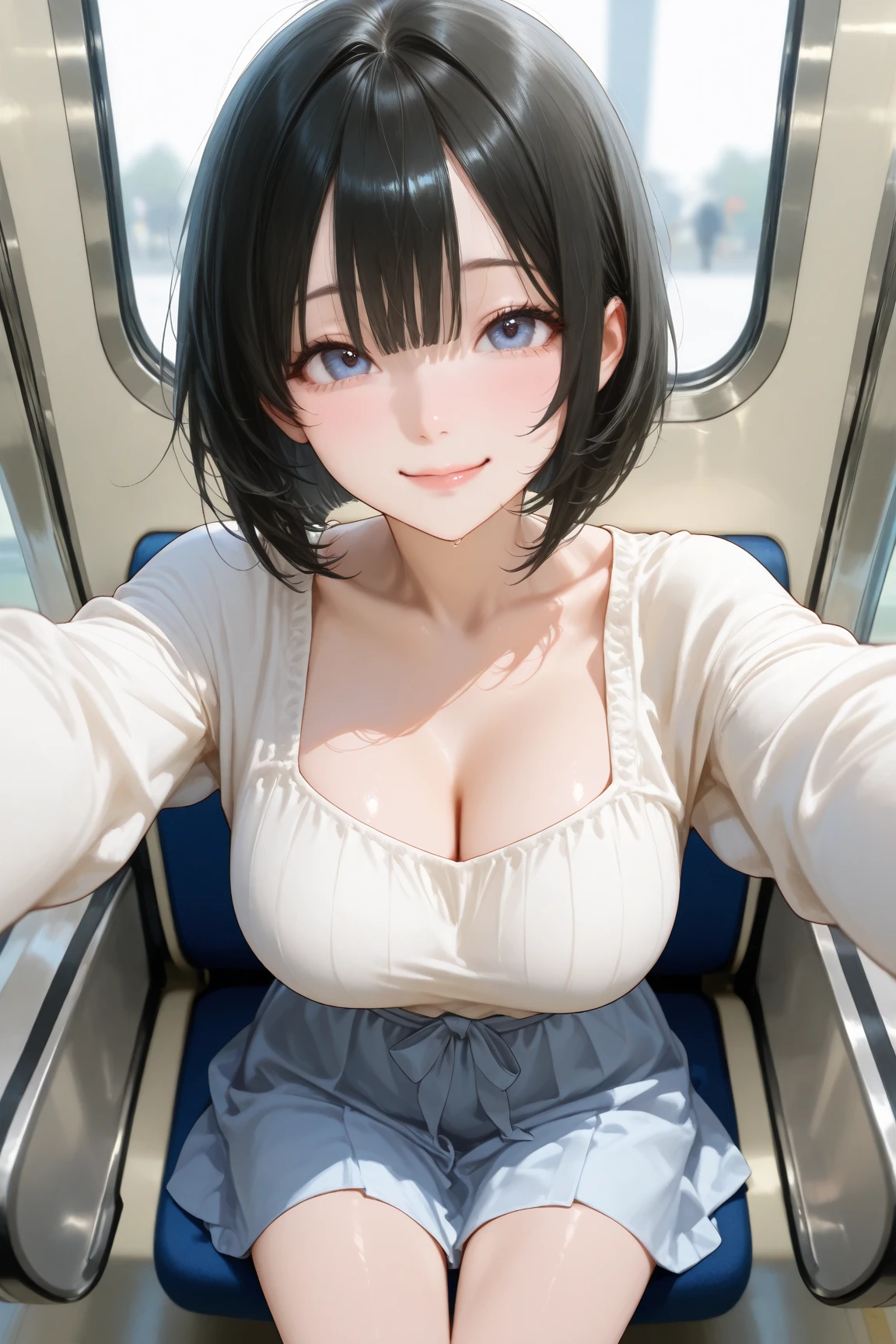 Anime illustration Plump body Cabin attendant woman Delicate embroidery Bright sunlight Archaic smile Sparkling eyes、Colossal tits、Close-up of people、超A high resolution、Anatomically correct human body、Expose nipple、exposing their genitals、Wearing sweat、First Class seats、in an airplane、seminude、Soft thighs