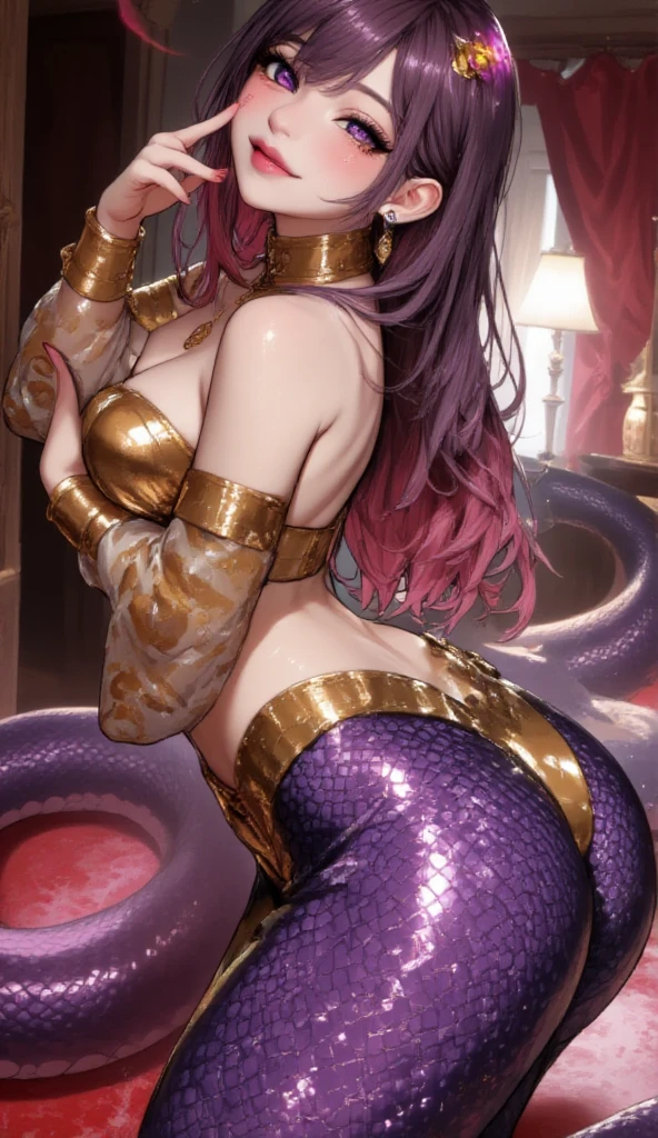 Kizi,Snake demon,(Beautiful feet), (Beautiful fingers),long whitr hair, glowing hairs, (Ultra-detailed hand close-up), ((Detailed close-up of the face)), hair adornments, (Light silk), (Glazed tulle),(Subtle warm light), (Extremely colorful), Movie special effects, Sit on a recliner, Lazy posture, Holding a small snake,(Crystal snake),impressionistic, tmasterpiece, ultra-detailliert, Epic composition, high qulity, HighestQuali, 4K