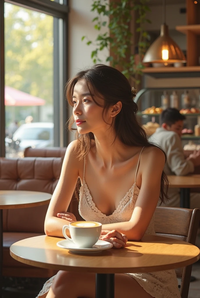araffe woman sitting in a chair holding a cup of coffee, beautiful asian girl, gorgeous chinese model, gorgeous young korean woman, beautiful asian woman, beautiful south korean woman, beautiful young korean woman, asian girl, mysterious coffee shop girl, young sensual graceful, chinese girl, korean girl, an asian woman, asian, young asian girl, hot with shining sun