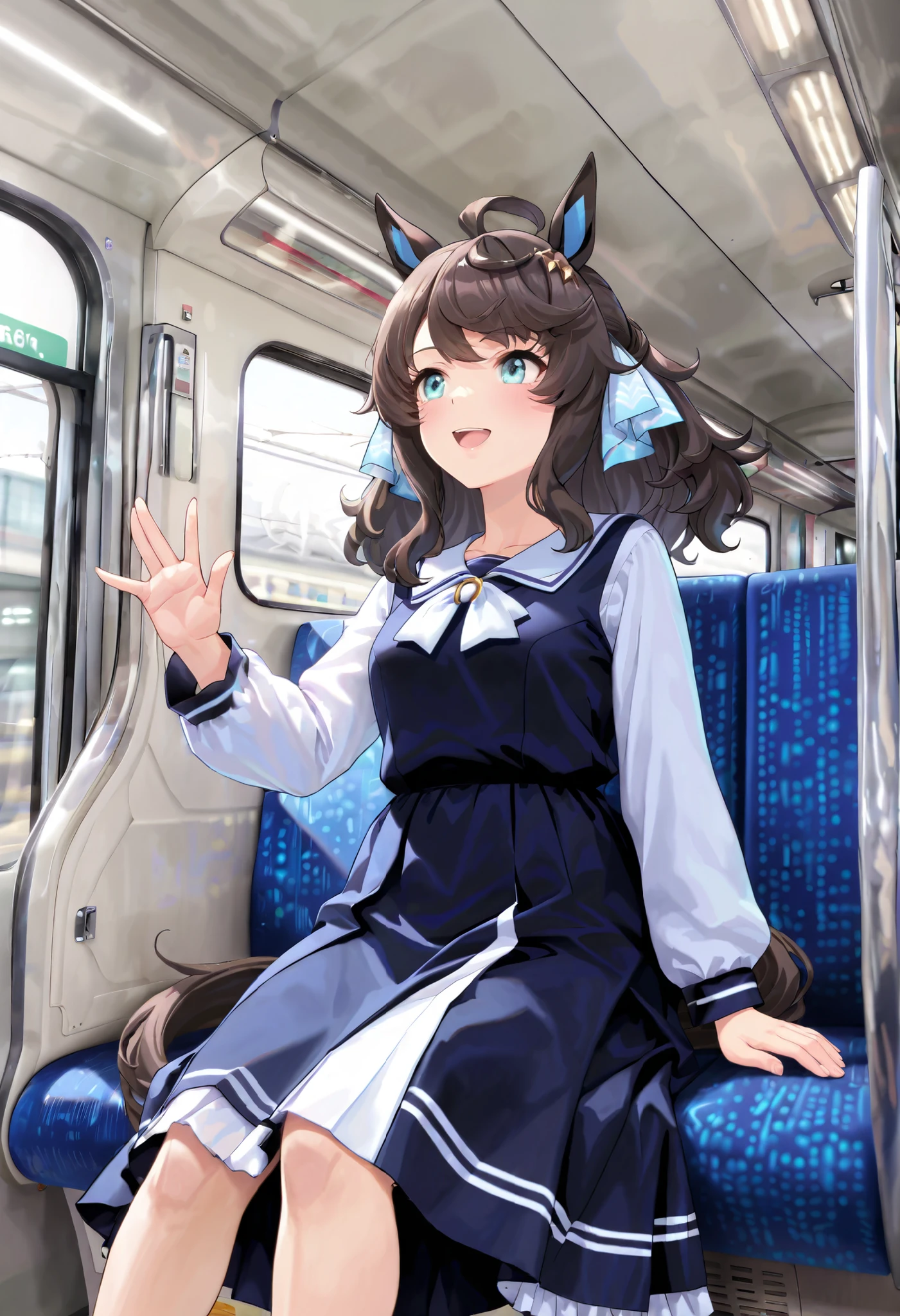 (masterpiece, best quality, perfect face:1.4), wide angle, daring tact\(umamusume\), 1girl, horse ears, hair ornament, hair ribbon, horse tail, tail on the lower back, proportional body, proportional,1 girl, beautiful hair, beautiful face, beautiful detailed eyes, beautiful clavicle, beautiful body, beautiful chest, beautiful thigh, beautiful legs, beautiful fingers, BREAK, wear a blue long dress, BREAK, ensoku, multiple girls, subway interior, indoors, inside the subway, seat, sitting, BREAK, blush happy smile (open mouth), realistic skin, HDR, BREAK, good hands,