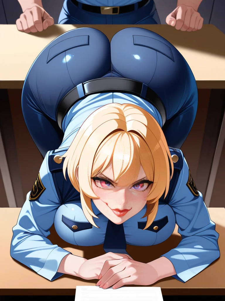 graphic novel illustration, full body of a beautiful super sexy young policewoman, long blonde hair, hogtied&gagged, nice blue eyes, large breasts, police uniform with blue shirt and pencil skirt and pantyhose and black high heels, intricate details, cinematic lighting, amazing quality, amazing shading, soft lighting, detailed Illustration, wallpaper masterpiece, best quality, perfect hands, on an office table with many books, bound with natural rope, feet together, knees together, elbows together,feet linked to shoulders , shot from the side. She looks at you, her gaze angry