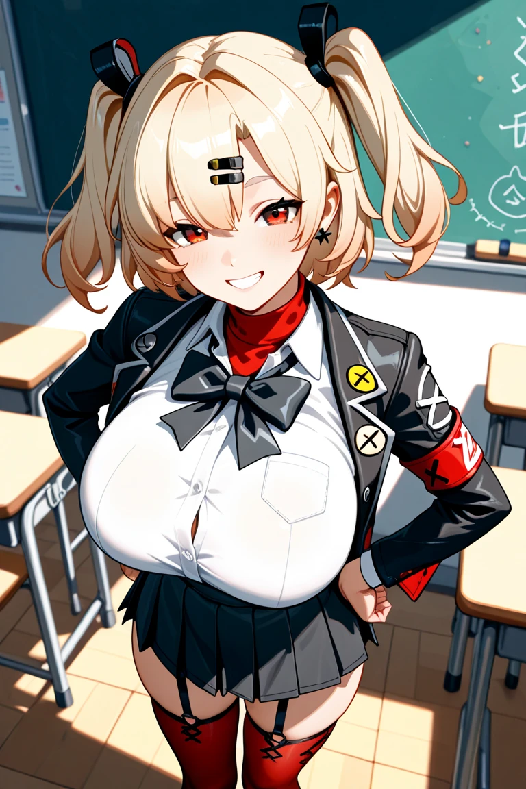 takamaki an,1girl,solo,Shuujin academy uniform,Super huge breasts,looking at viewer,near,Shuujin academy back ground